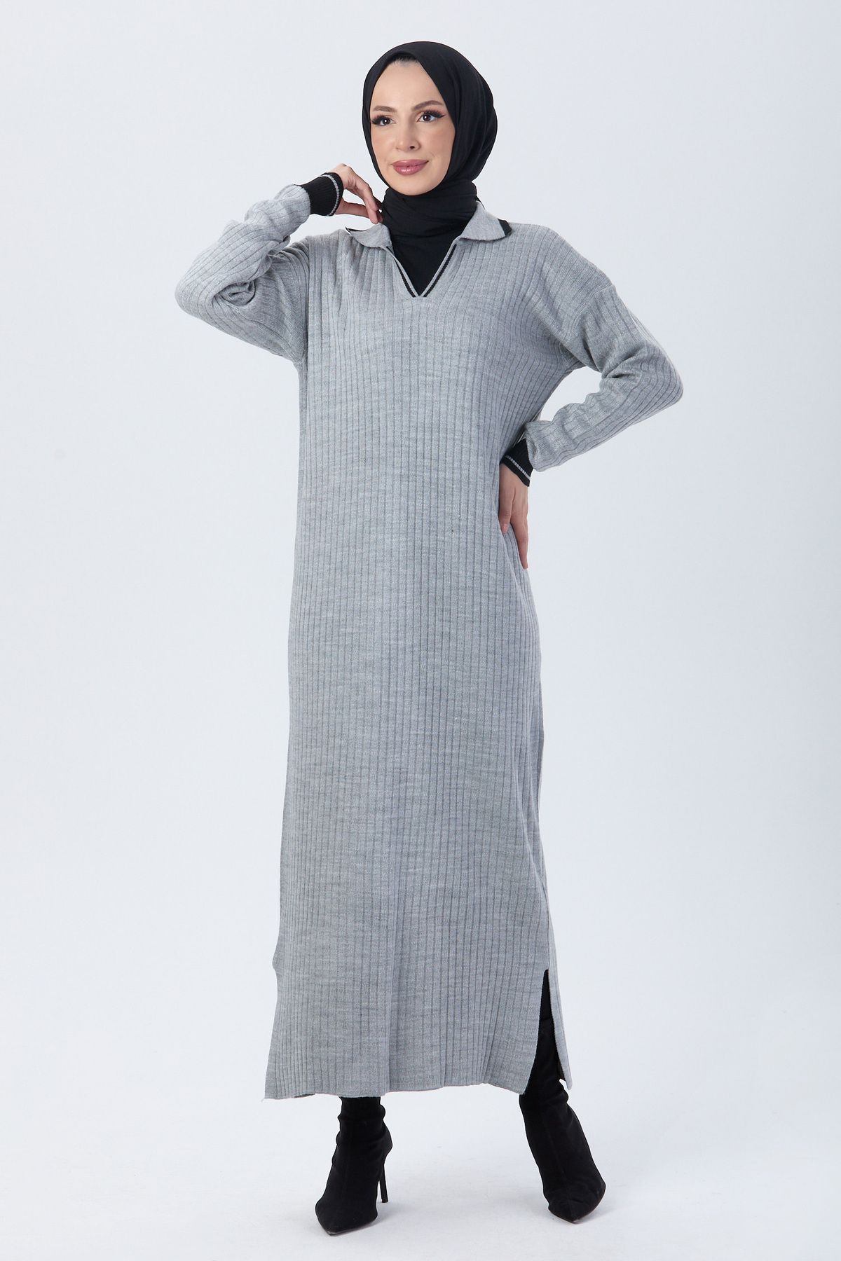 TOFİSA Düz Gömlek Yaka Kadın Gri Triko Elbise - 24117