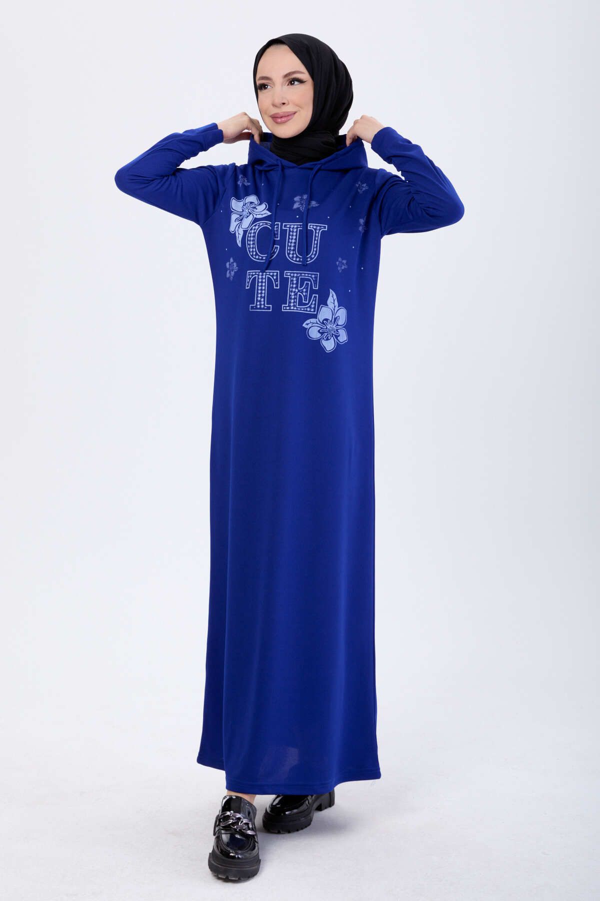 TOFİSA Düz Kapşonlu Yaka Kadın Mavi Elbise - 13099