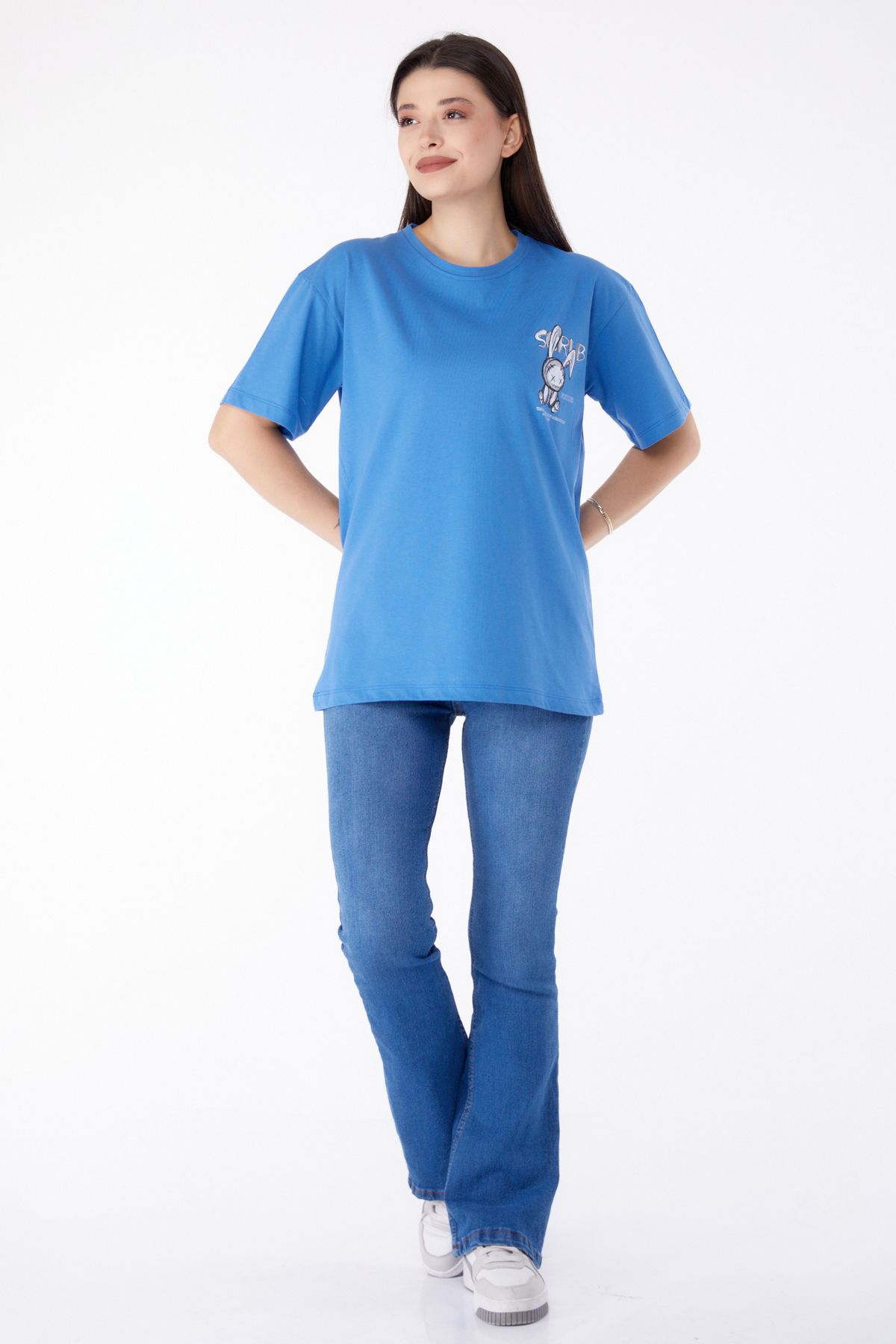 TOFİSA Düz Bisiklet Yaka Kadın Mavi Baskılı T-shirt - 25288