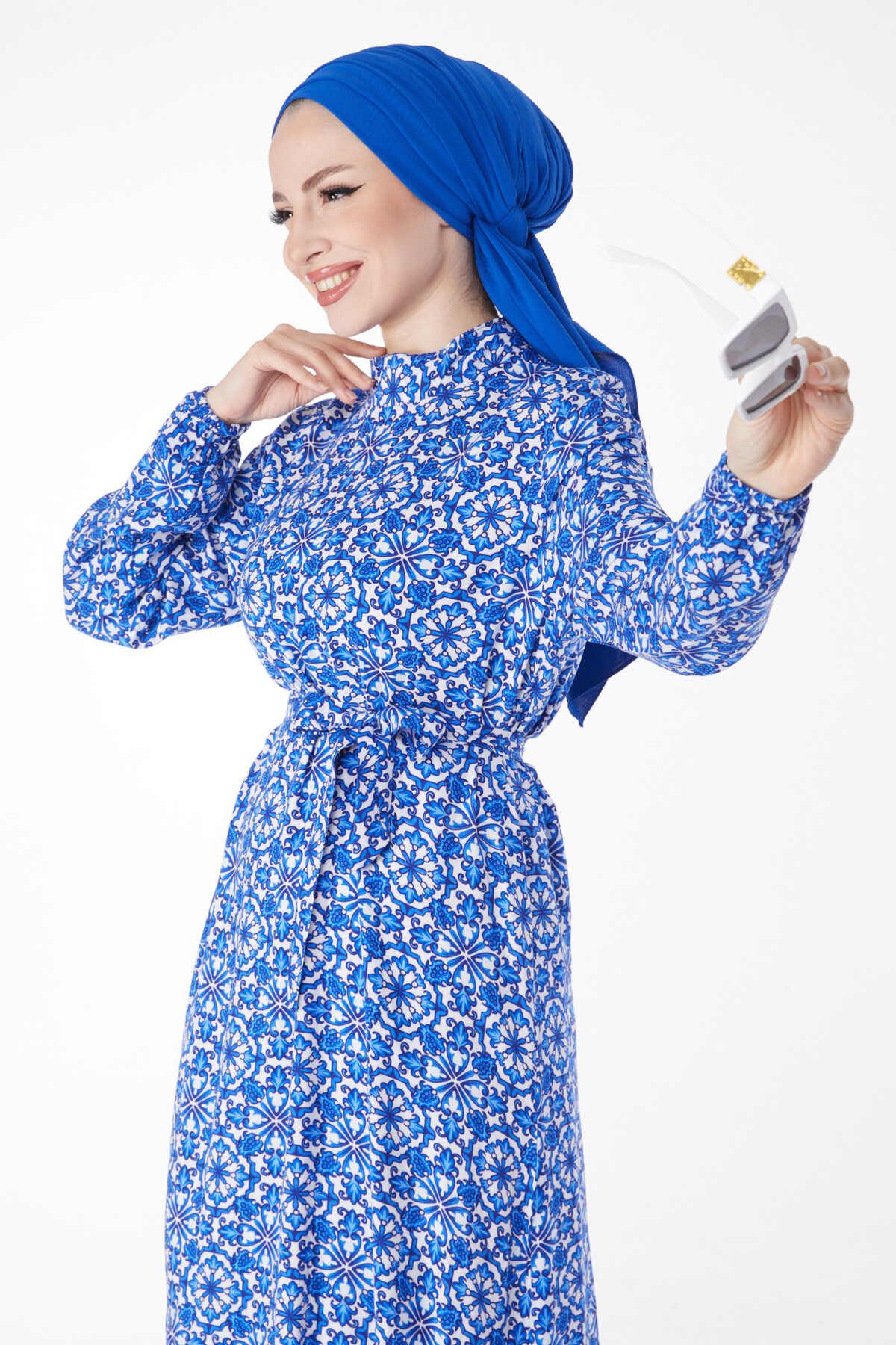 TOFİSA Düz Hakim Yaka Kadın Mavi Desenli Elbise - 24858