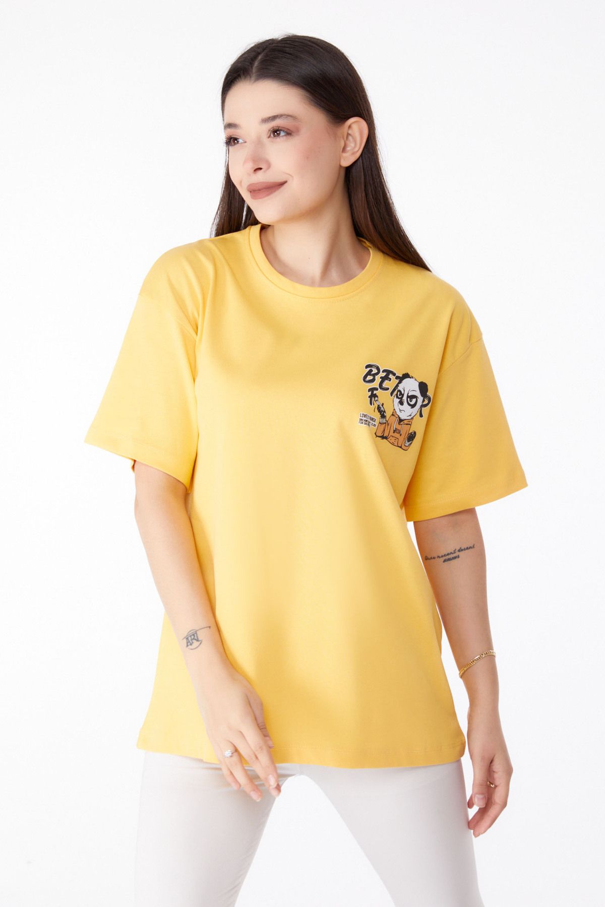 TOFİSA Düz Bisiklet Yaka Kadın Sarı Baskılı T-shirt - 25286