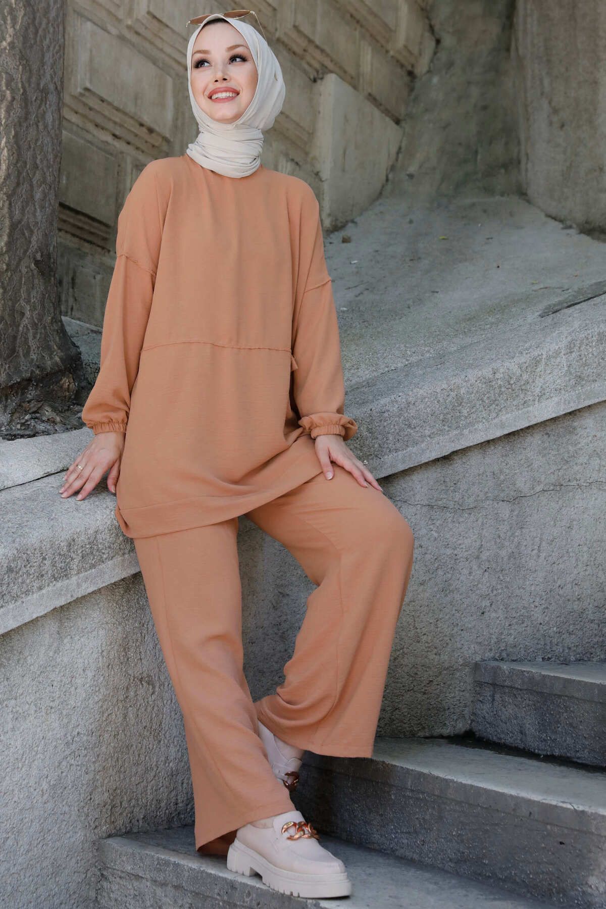 TOFİSA Düz Orta Kadın Taba Tunik Pantolon - 10542