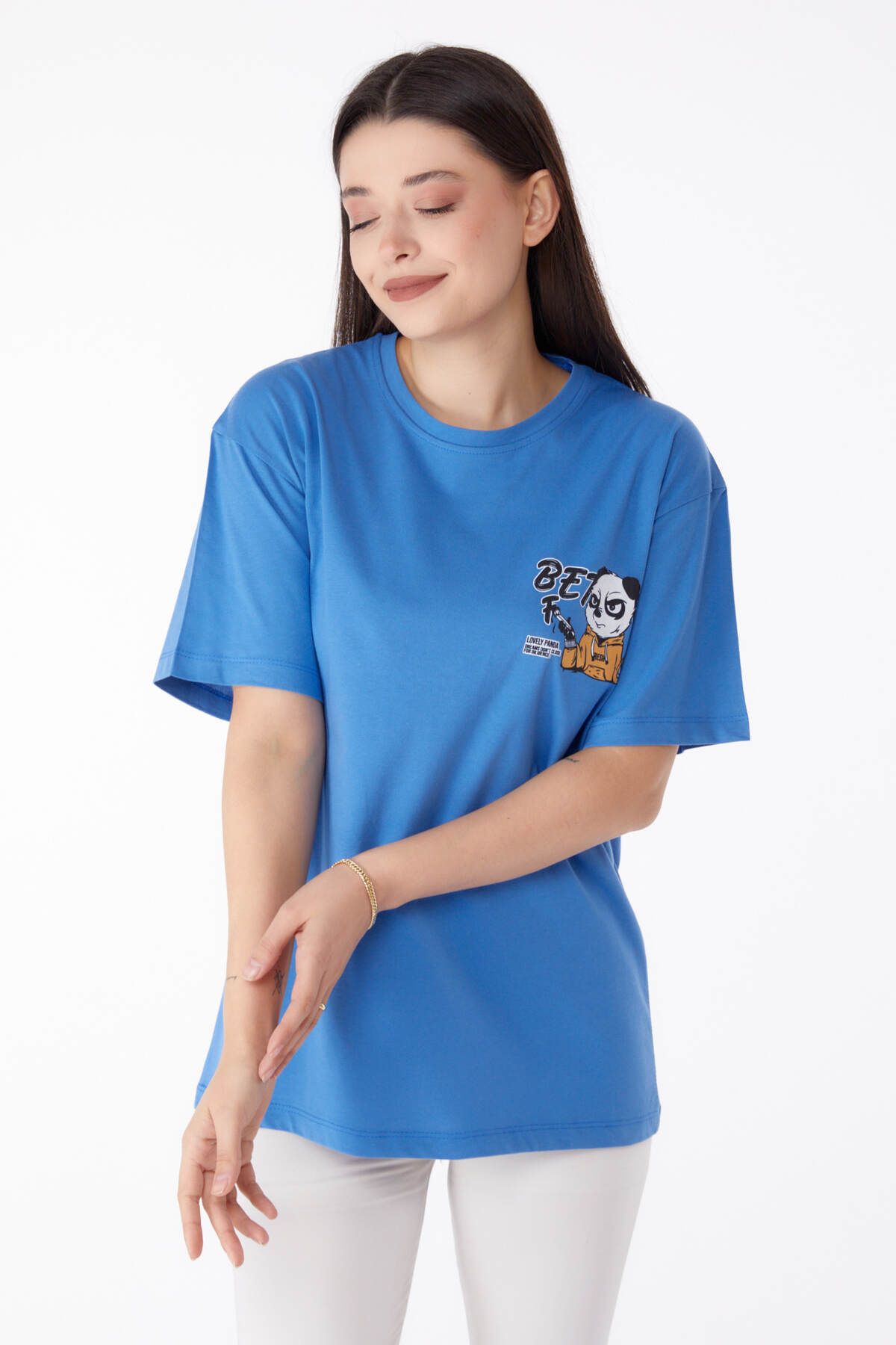 TOFİSA Düz Bisiklet Yaka Kadın Mavi Baskılı T-shirt - 25286