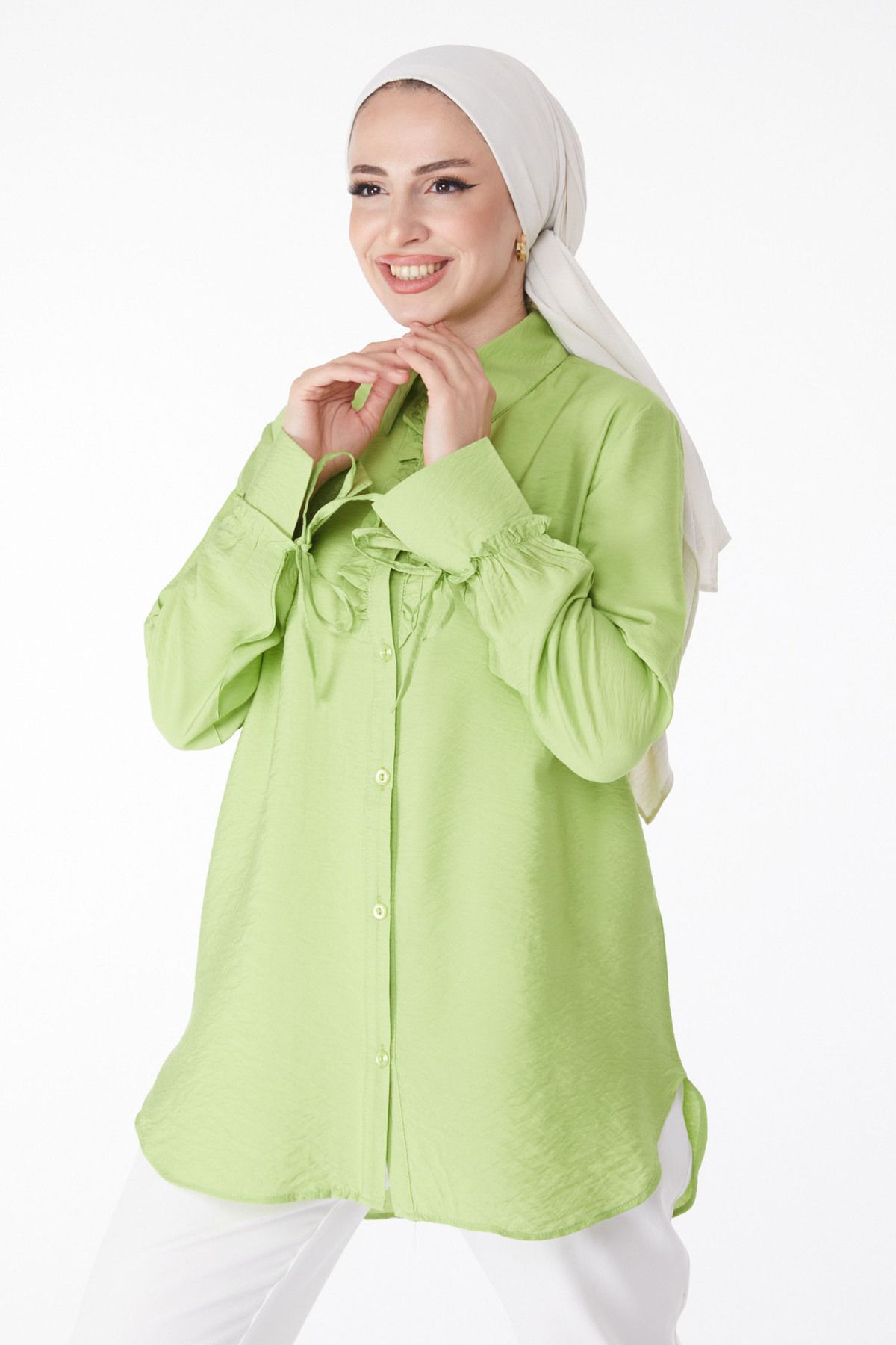 TOFİSA Düz Gömlek Yaka Kadın Yeşil Fırfırlı Gömlek - 25259