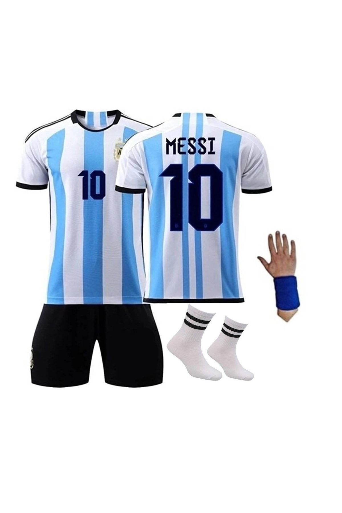 yenteks Arjantin Messi Dünya Kupası Mavi-beyaz Çubuklu Çocuk Forması 4'lü Set Forma Şort Çorap Bileklik