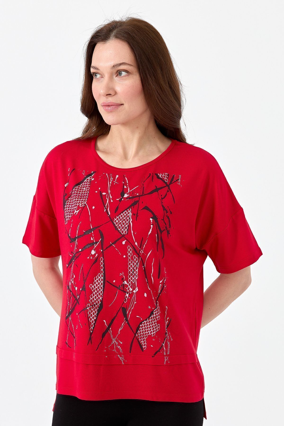 Desen Triko Kadın Sıfır Yaka Önü File Baskılı Penye T-shirt Kırmızı
