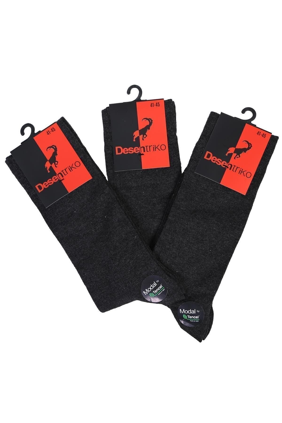 Desen Triko Erkek Düz Renk Modal 3'lü Soket Çorap Füme