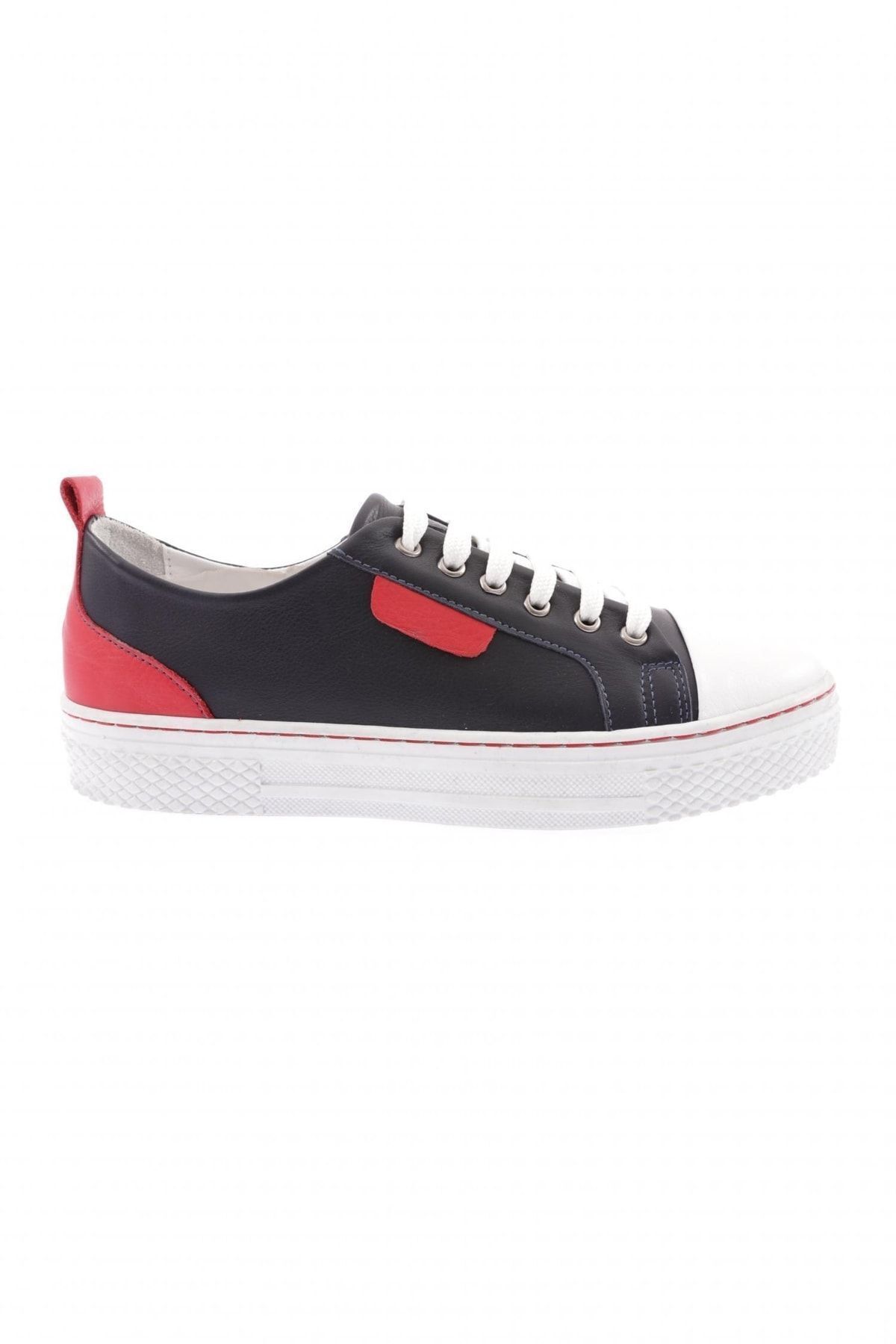Dgn 501-23y Kadın Önü Bağcıklı Kalın Taban Sneakers Ayakkabı Laci Kırmızı Beyaz Hakiki Deri