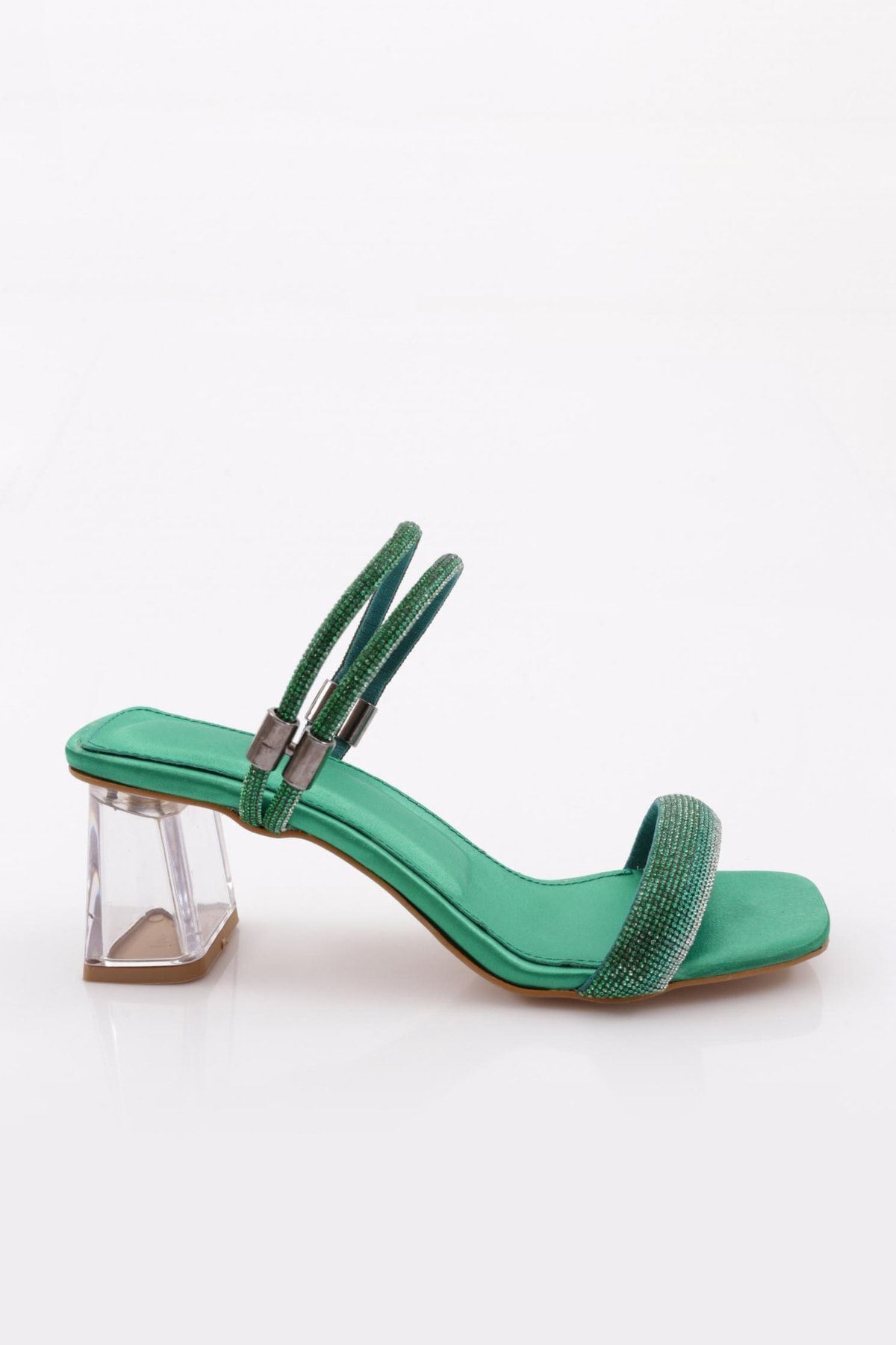 Dgn 901 Kadın Kare Burun Şeffaf Topuklu Sandalet Yeşil Saten