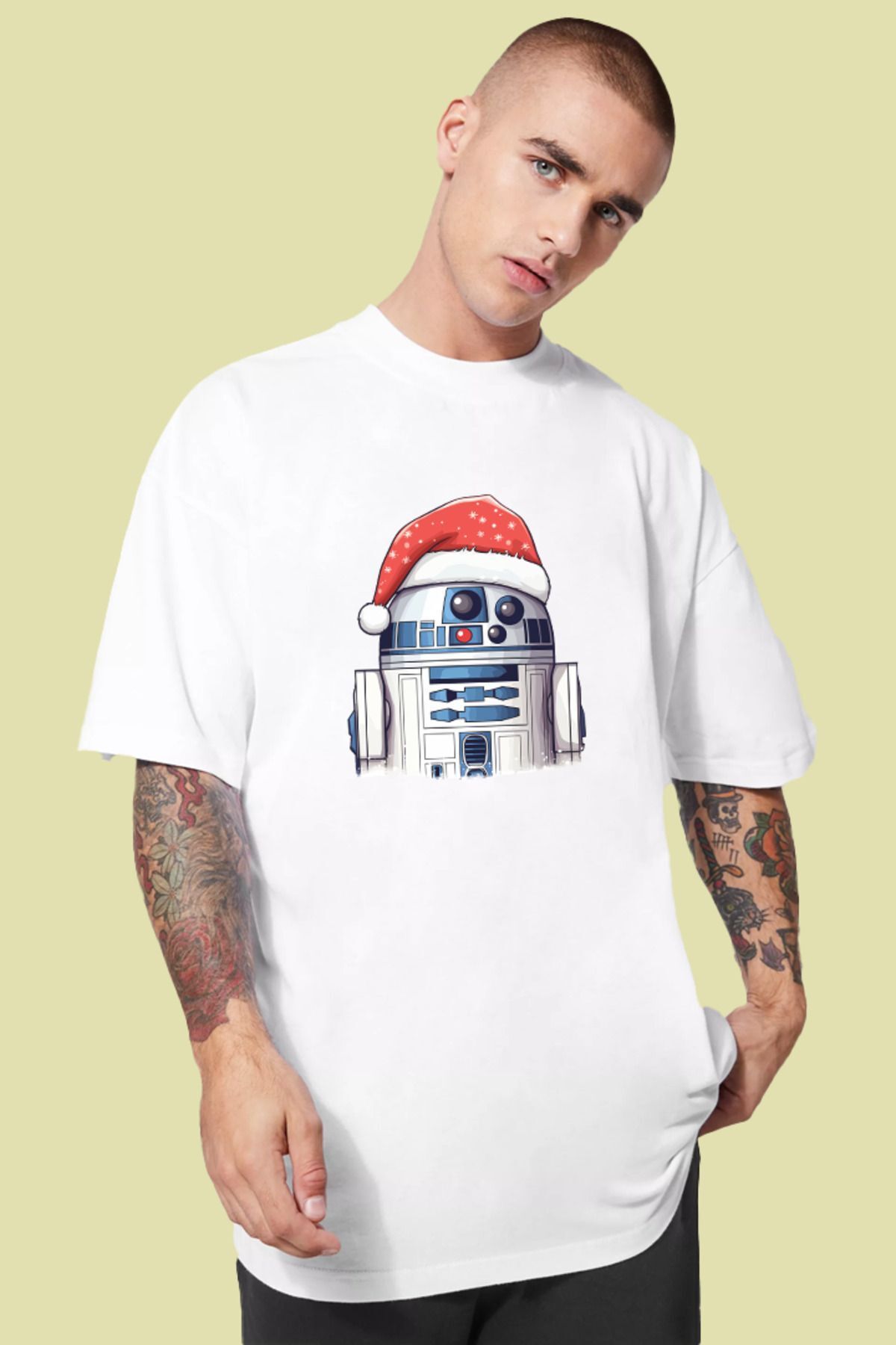 Alice Butik R2-D2 Noel Şapkalı Star Wars Oversize Unisex Beyaz Tshirt