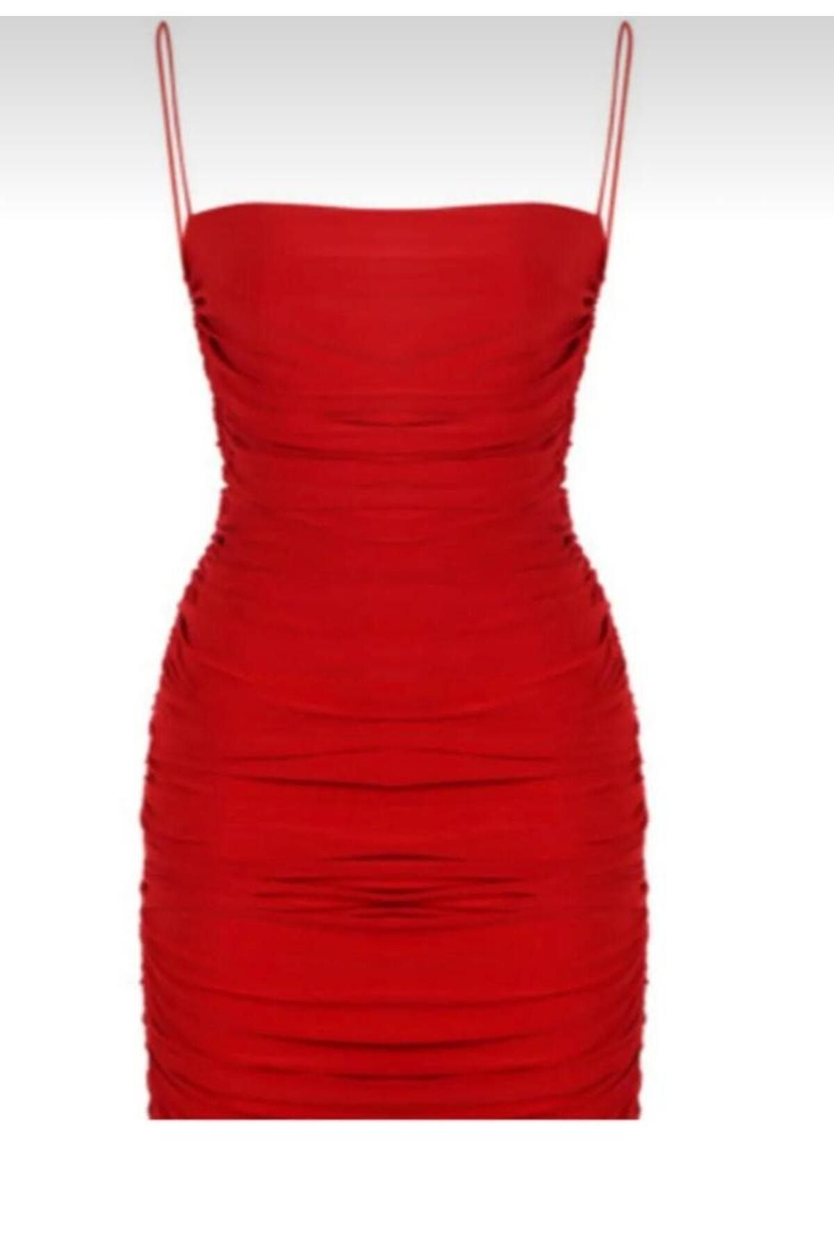 Zagrep Kadın Kırmızı Askılı Drapeli Büzgülü Astarlı İç Göstermez Fermuarlı Mini Elbise