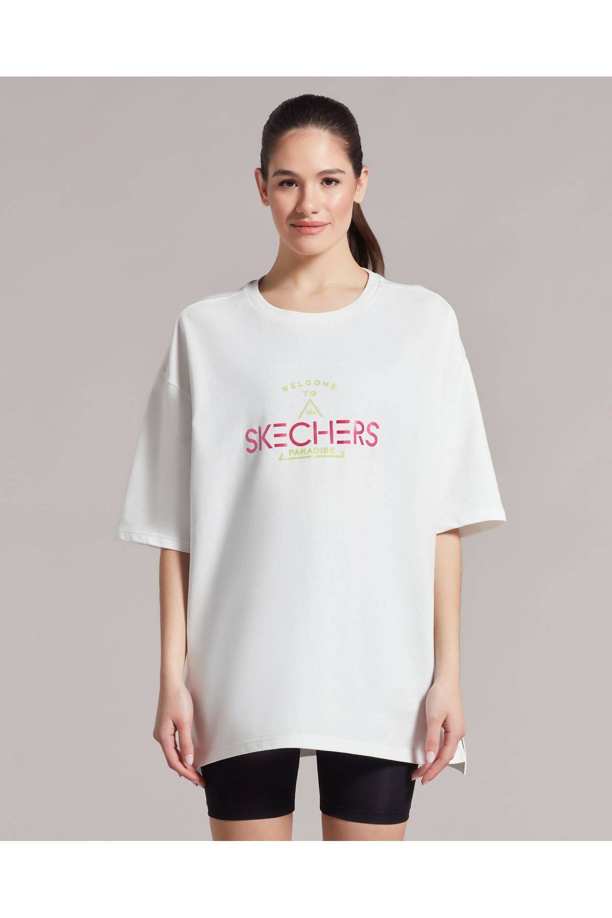 Skechers W Graphic Tee Neon Print Crew Neck T-shirt Kadın Beyaz Tshirt S231296-100