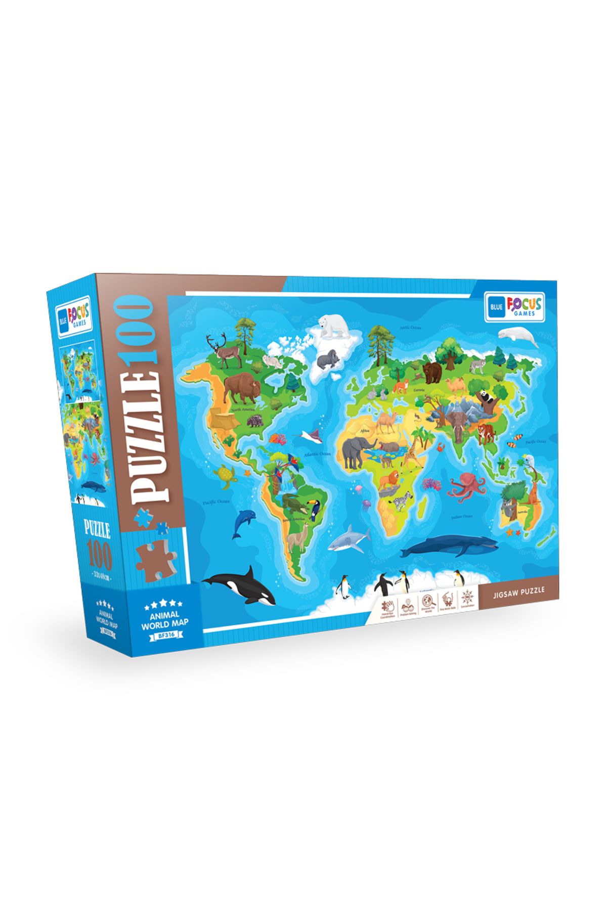 Blue Focus 100 Parça Puzzle Animal World Map (HAYVAN DÜNYA HARİTASI)