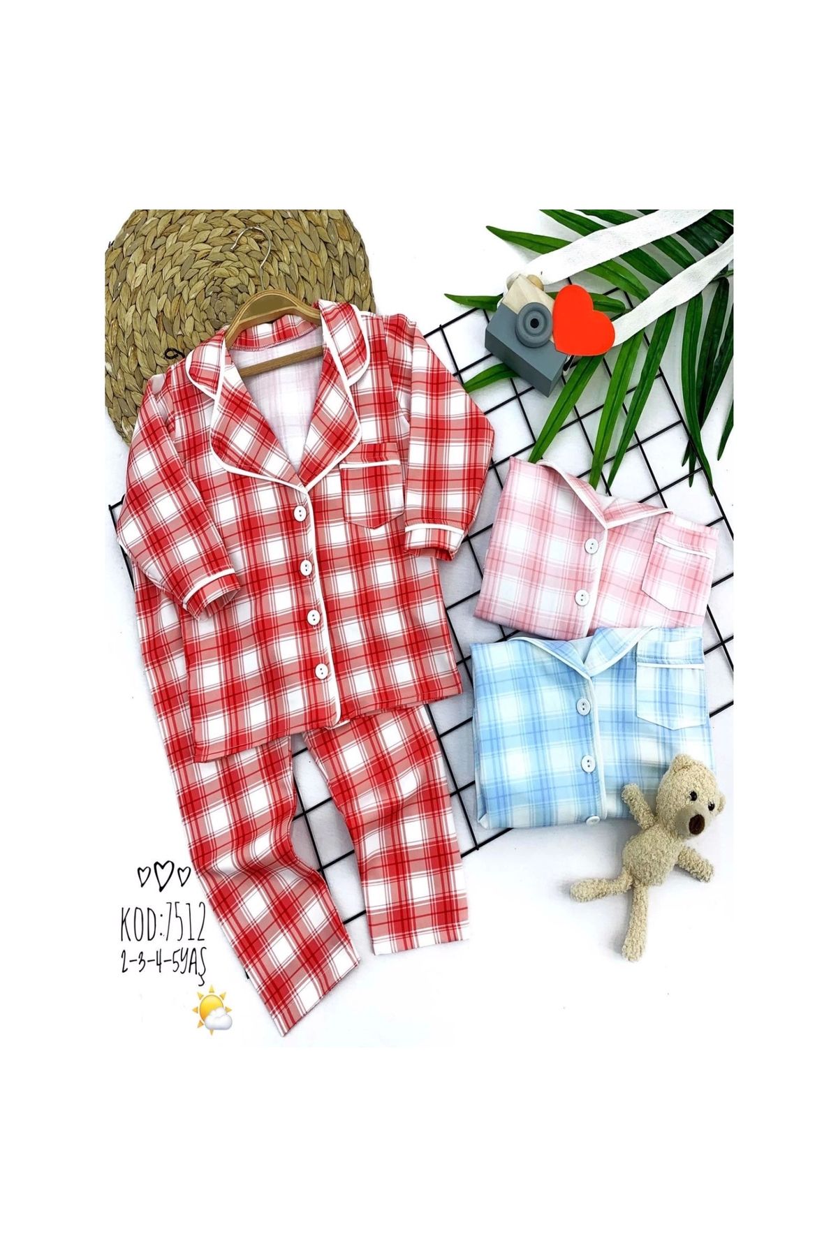 Narnuga Düğme Kapamalı Ekose Desenli 2li Kız Erkek Çocuk Pijama Takımı