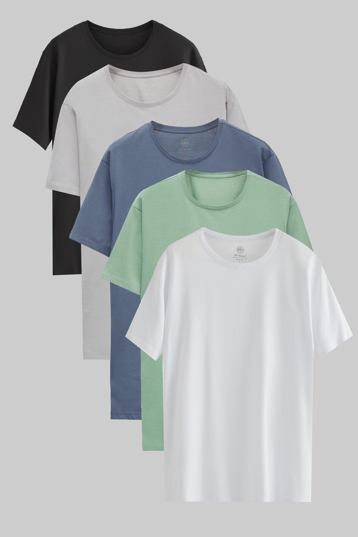 D'S Damat Ds Damat Slim Fit Antrasit/Gri/Füme/Yeşil/Beyaz 5'Li T-Shirt