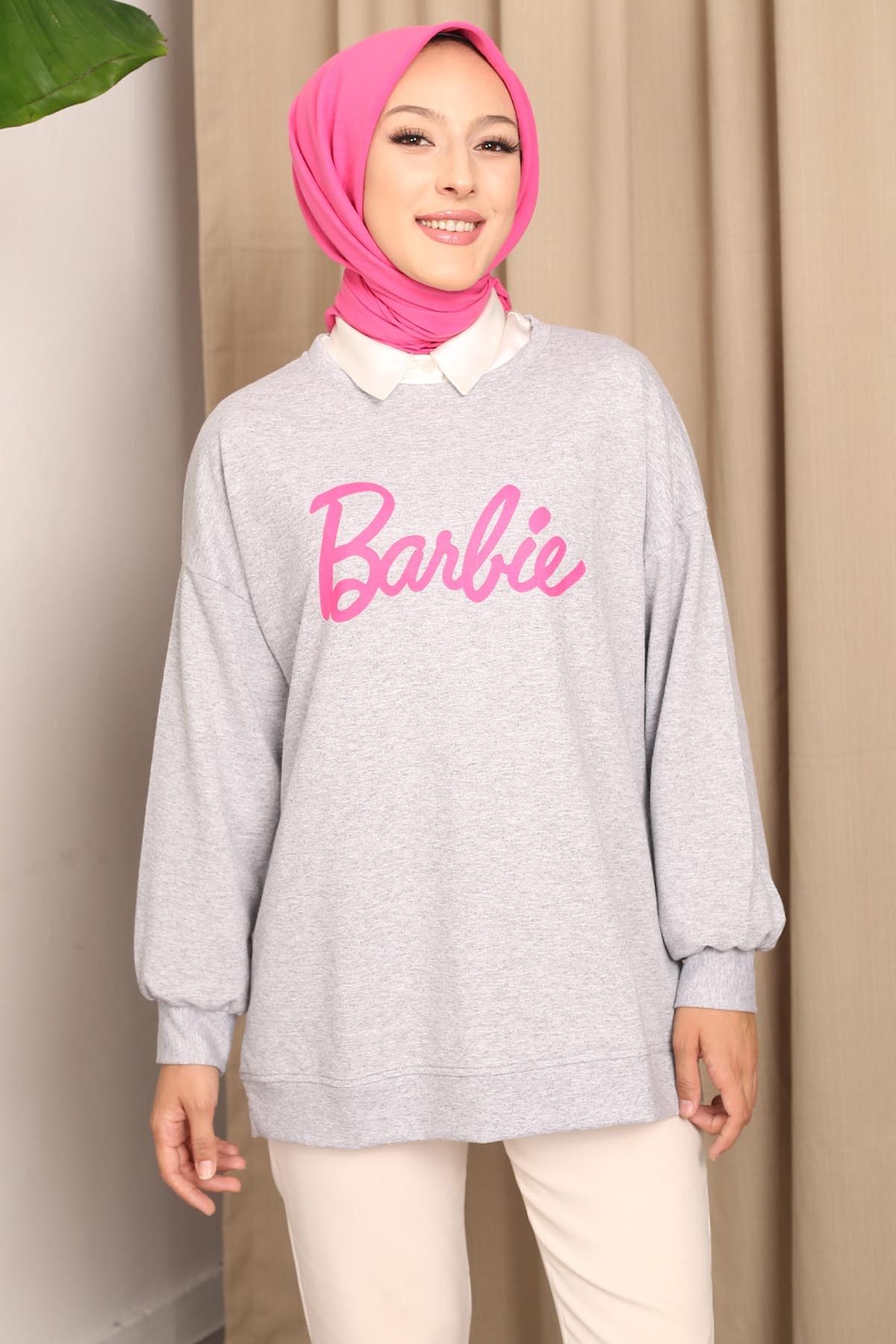 İmajButik Gri Barbie Baskılı İki İplik Sweatshirt