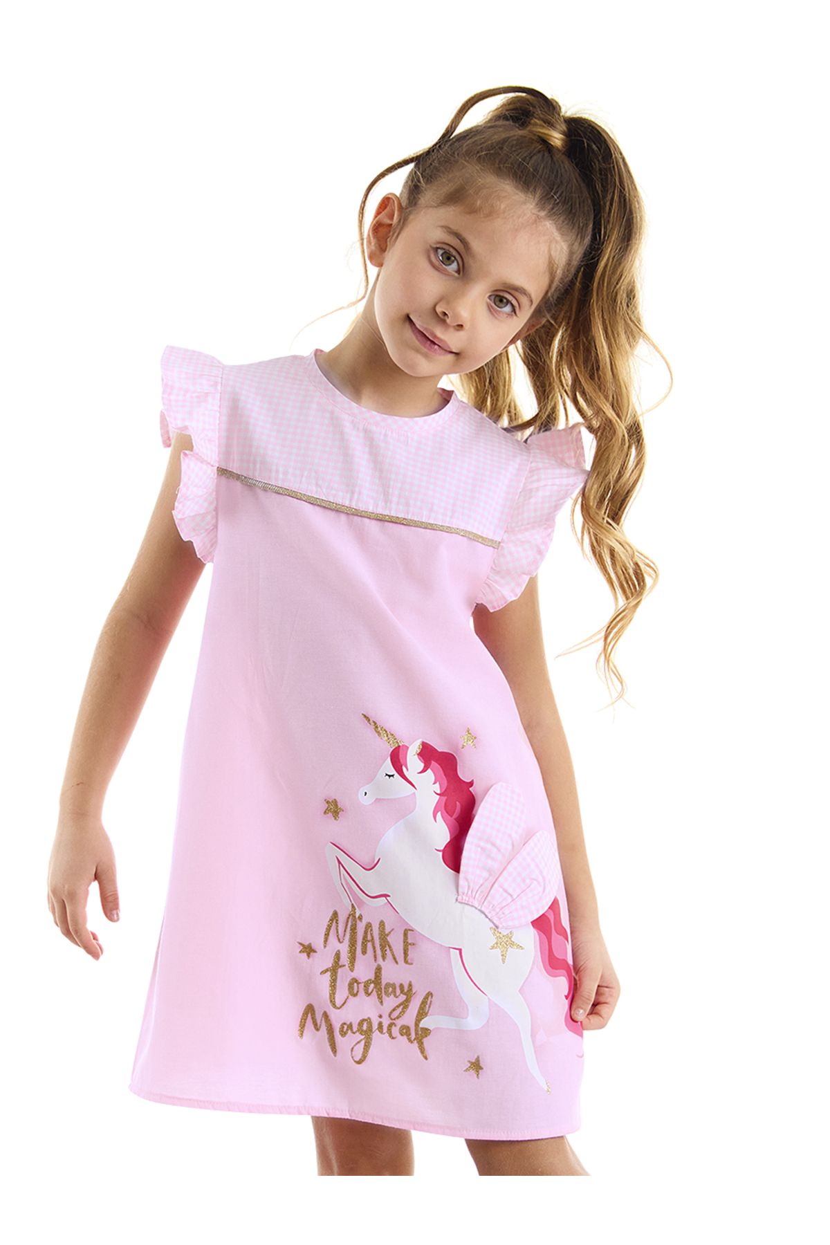 MSHB&G Kanatlı Unicorn Ekoseli Kız Çocuk Fırfırlı Yazlık Pembe Elbise