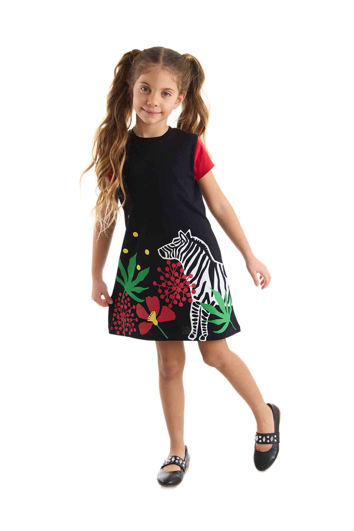 MSHB&G Çiçekli Zebra Pamuklu Kız Çocuk Siyah Elbise