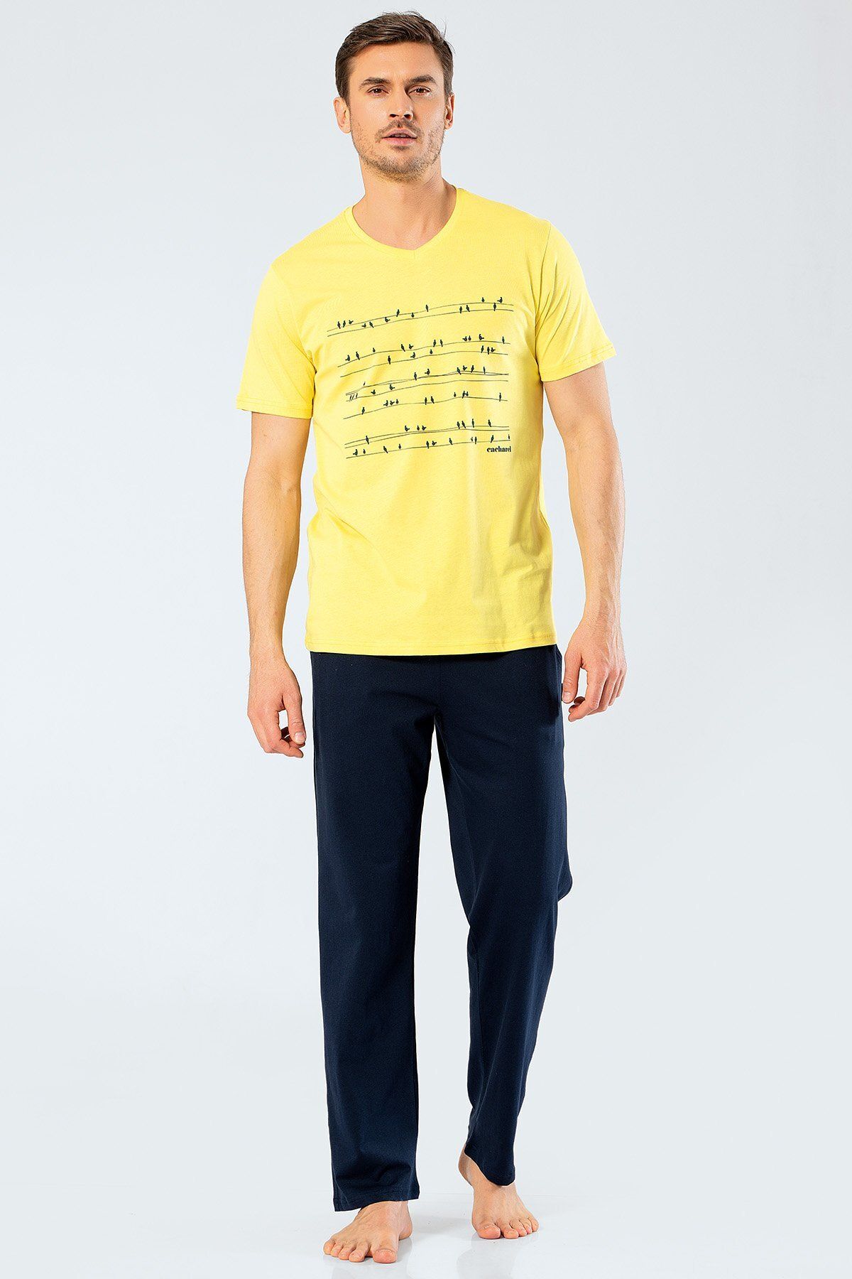 Cacharel 2203 Sarı Erkek Baskılı V Yaka Pantolon Pijama Takımı
