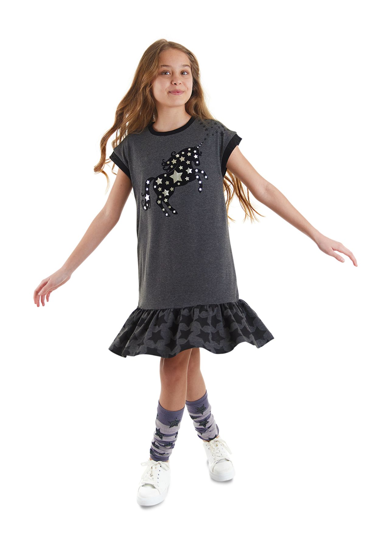 MSHB&G Yıldızlı Unicorn Fırfırlı Kız Çocuk Yazlık Gri Elbise