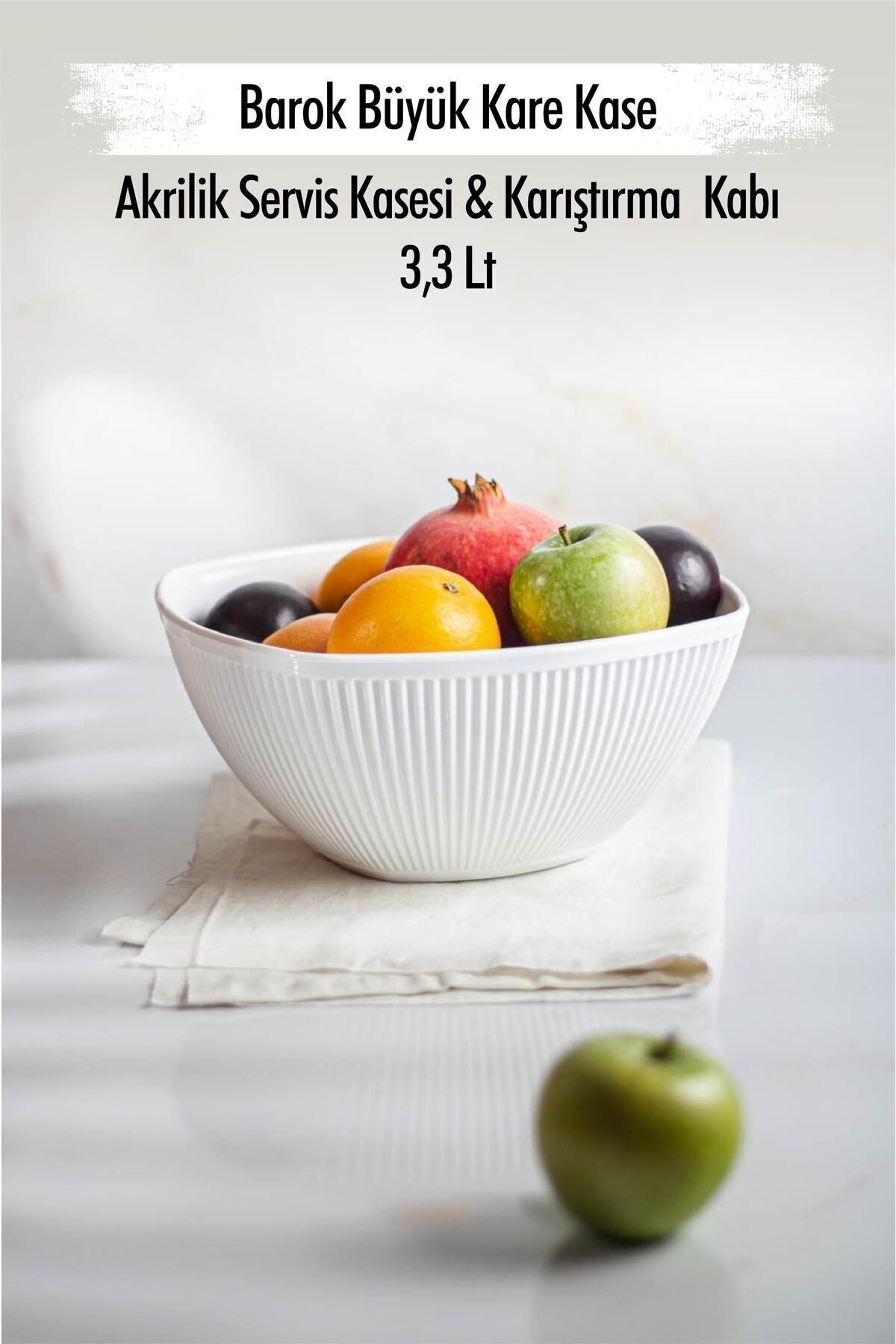 EWs Akrilik Barok Beyaz Büyük Kare Meyve & Salata Kasesi & Karıştırma Kabı / 3,3 Lt  (CAM DEĞİLDİR)