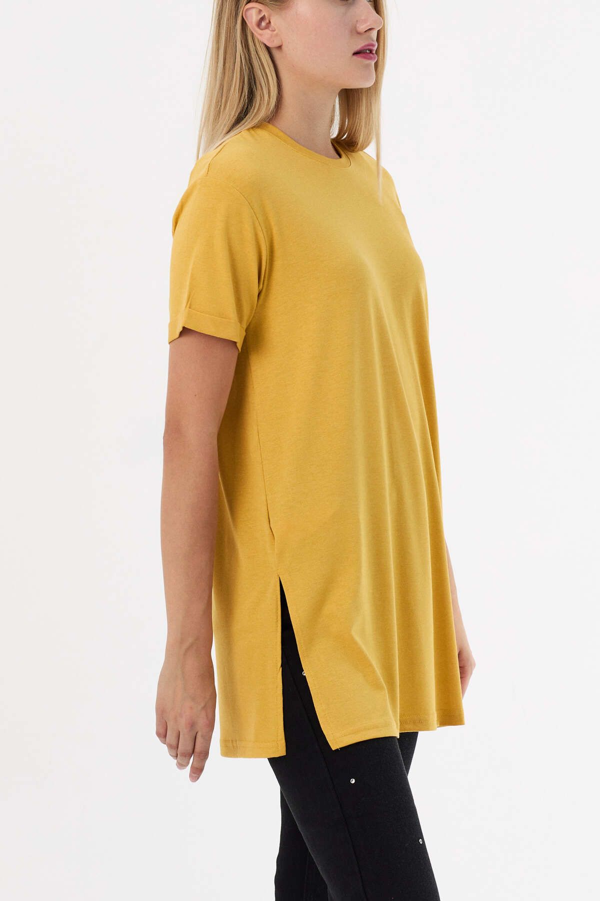 TOFİSA Düz Bisiklet Yaka Kadın Sarı Basic T-shirt - 10806