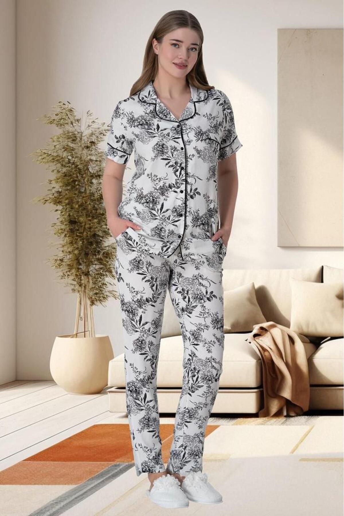 Mecit Pijama Mecit 6015 Siyah Çiçek Desenli Boydan Düğmeli Kadın Pijama Takımı