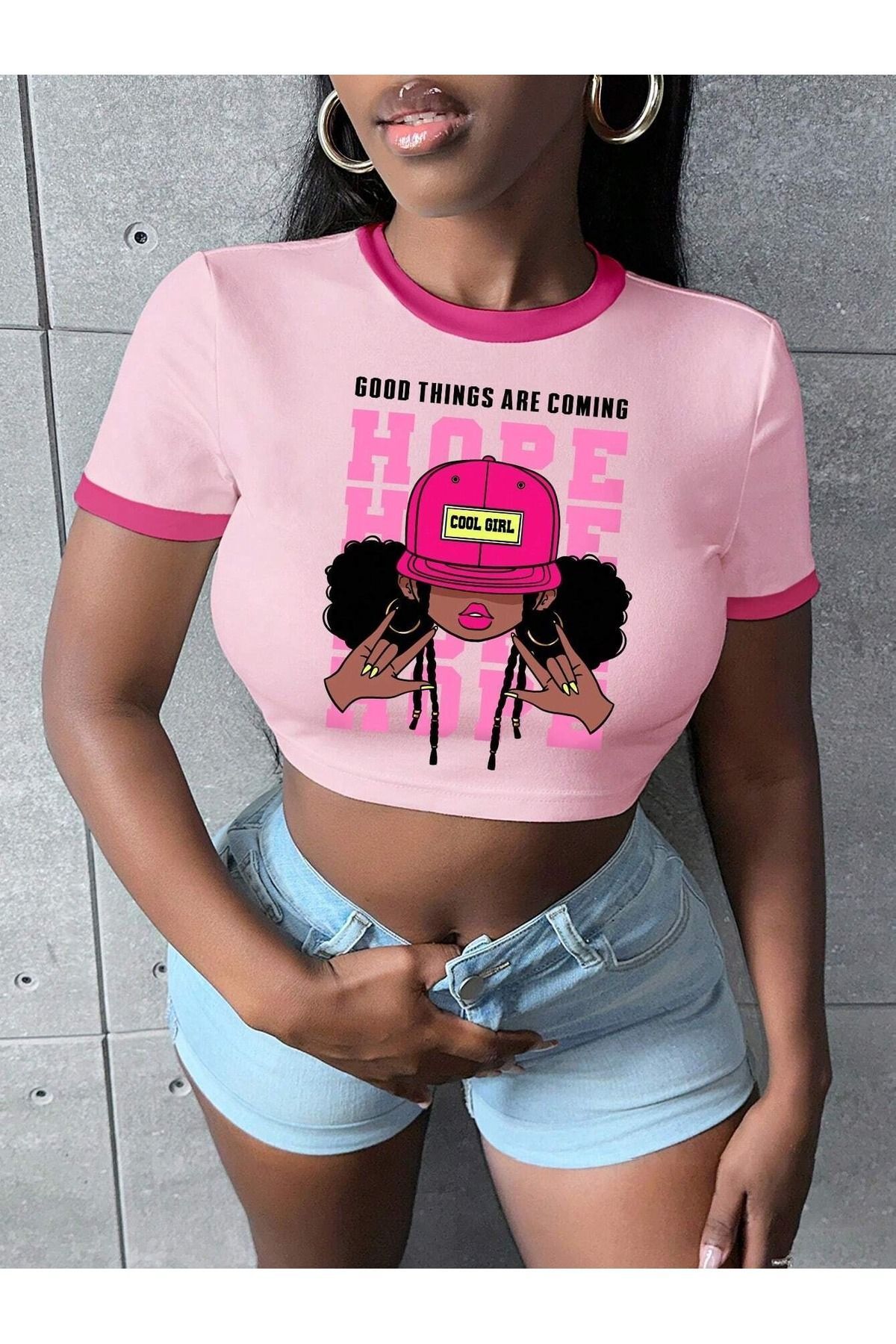 Know Kadın Pembe Cool Girl Baskılı Penye Crop Tişört