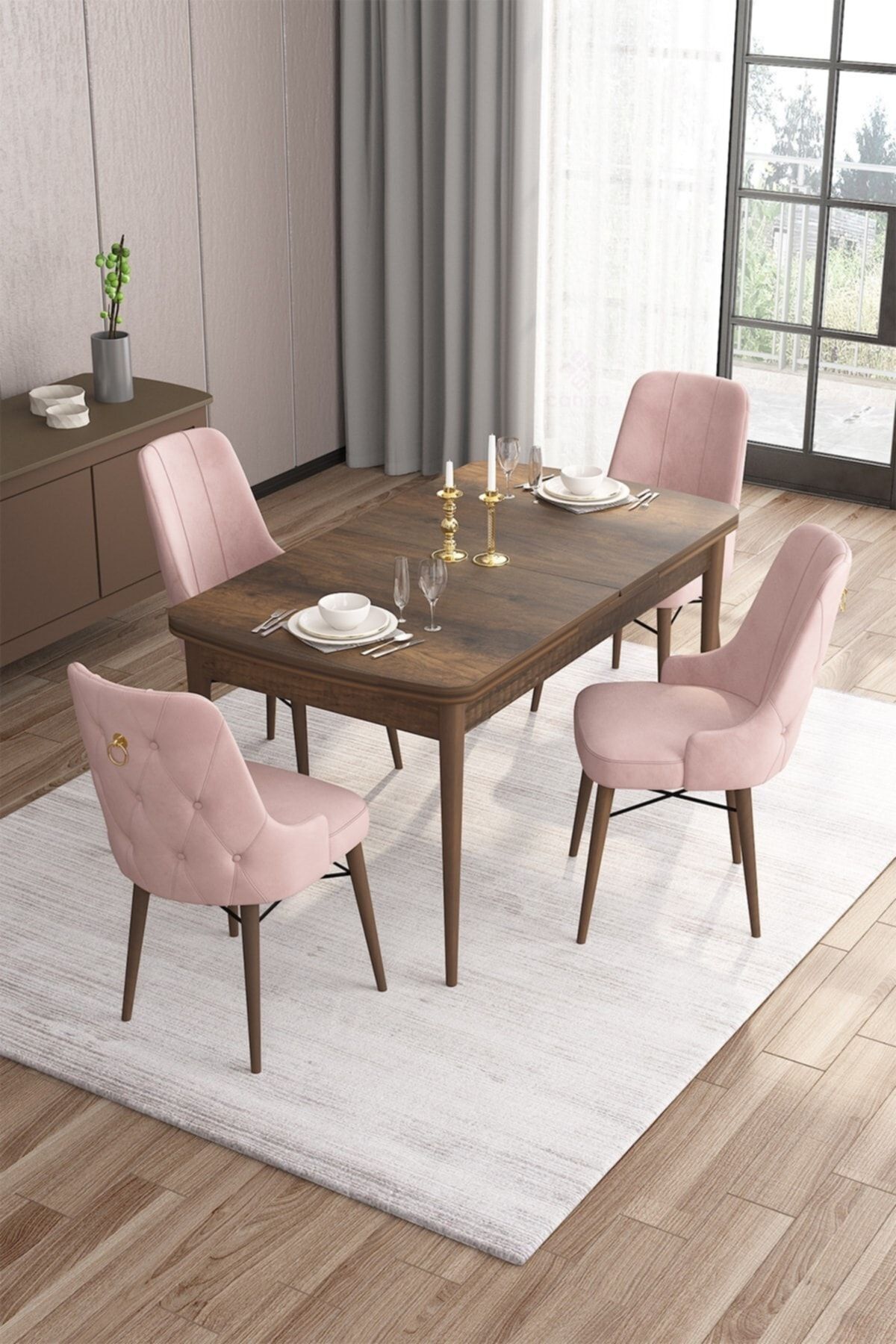 Canisa Concept Are Serisi 80x132 Açılabilir Mdf Barok Ahşap Desenli Mutfak Masa Takımı 4 Pembe Sandalye