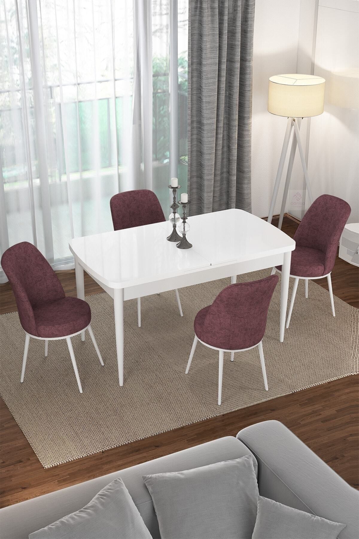 Canisa Concept Via Serisi, Açılabilir 80x132 Mutfak Masası Takımı Beyaz Açılabilir Masa 4 Gülkurusu Sandalye