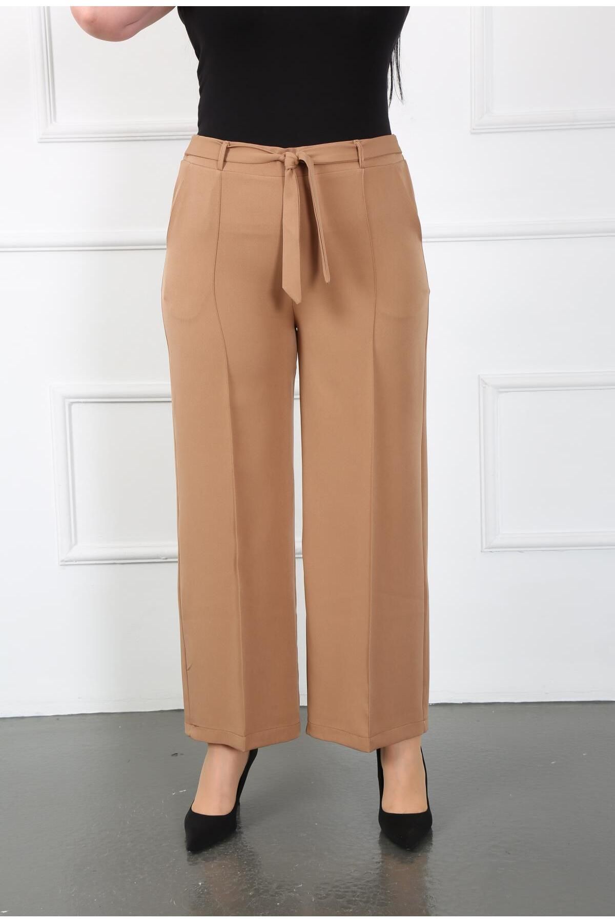 By Alba Collection Kadın Taba Dabıl Kumaş Kemer Detay Beli Lastikli Geniş Paça Pantolon