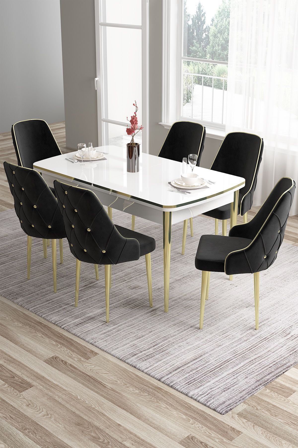 Canisa Tia Serisi, Beyaz Masa,80x132 Açılabilir Mdf Yemek Odası Takımı 6 Siyah Sandalye Gold Detay