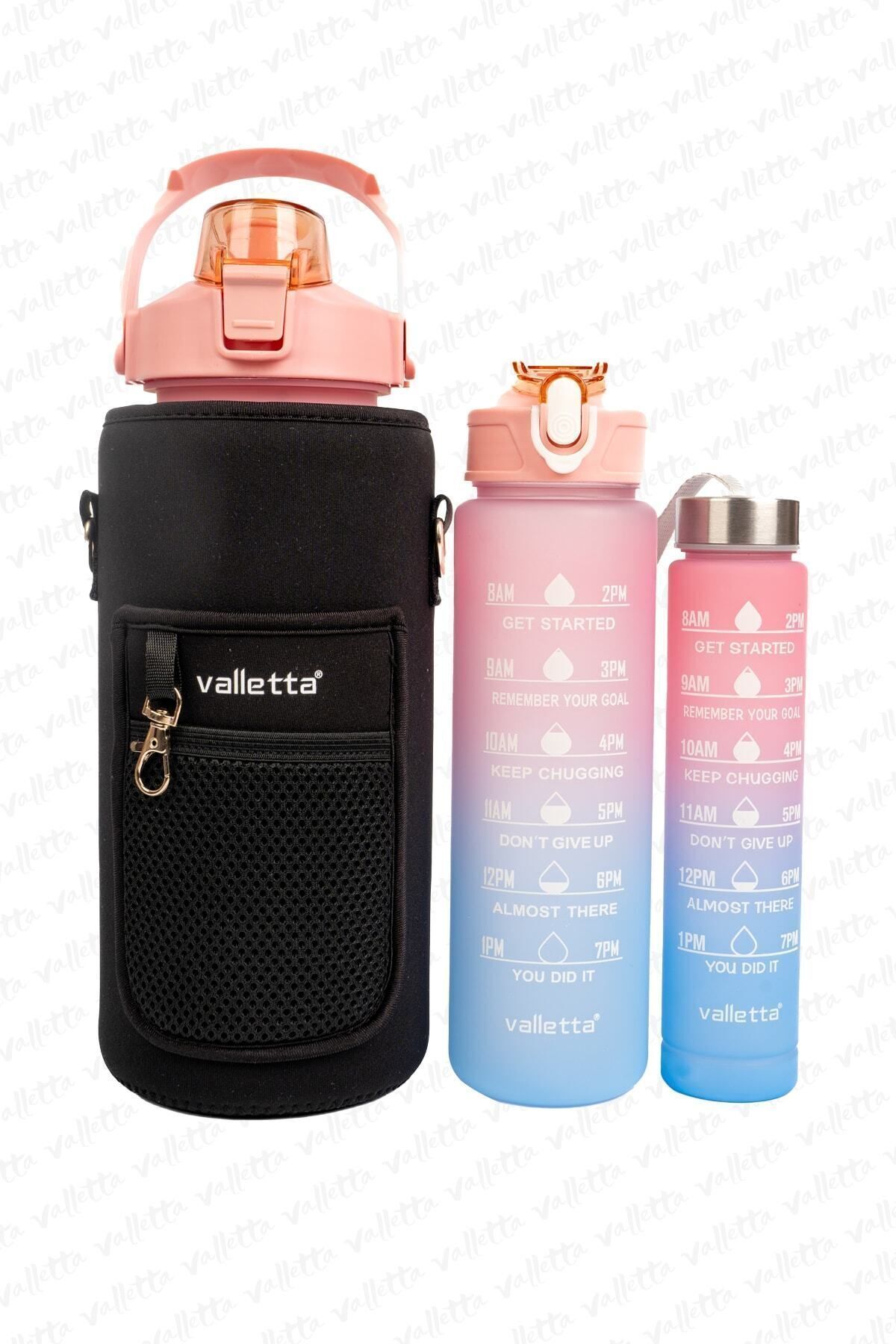valletta Eldorado 3lü Set ÇANTALI BPA İçermez Motivasyonel Su Matarası Pembe Su Matarası,Su Şişesi