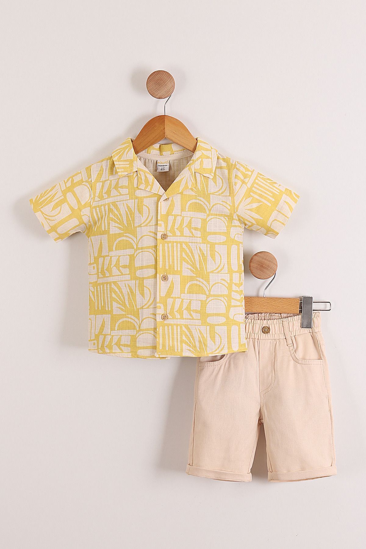 Pollito Erkek Çocuk Geometrik Desenli Sarı Keten Gömlek Pamuklu Şort 2'li Takım
