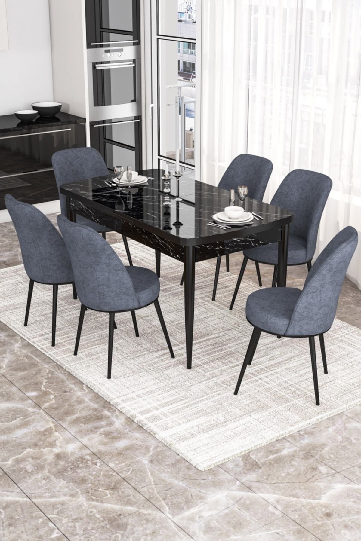 Canisa Concept Via Serisi Açılabilir Mutfak Masası Takımı-yemek Masası Takımı-siyah Masa + 6 Adet Füme Sandalye