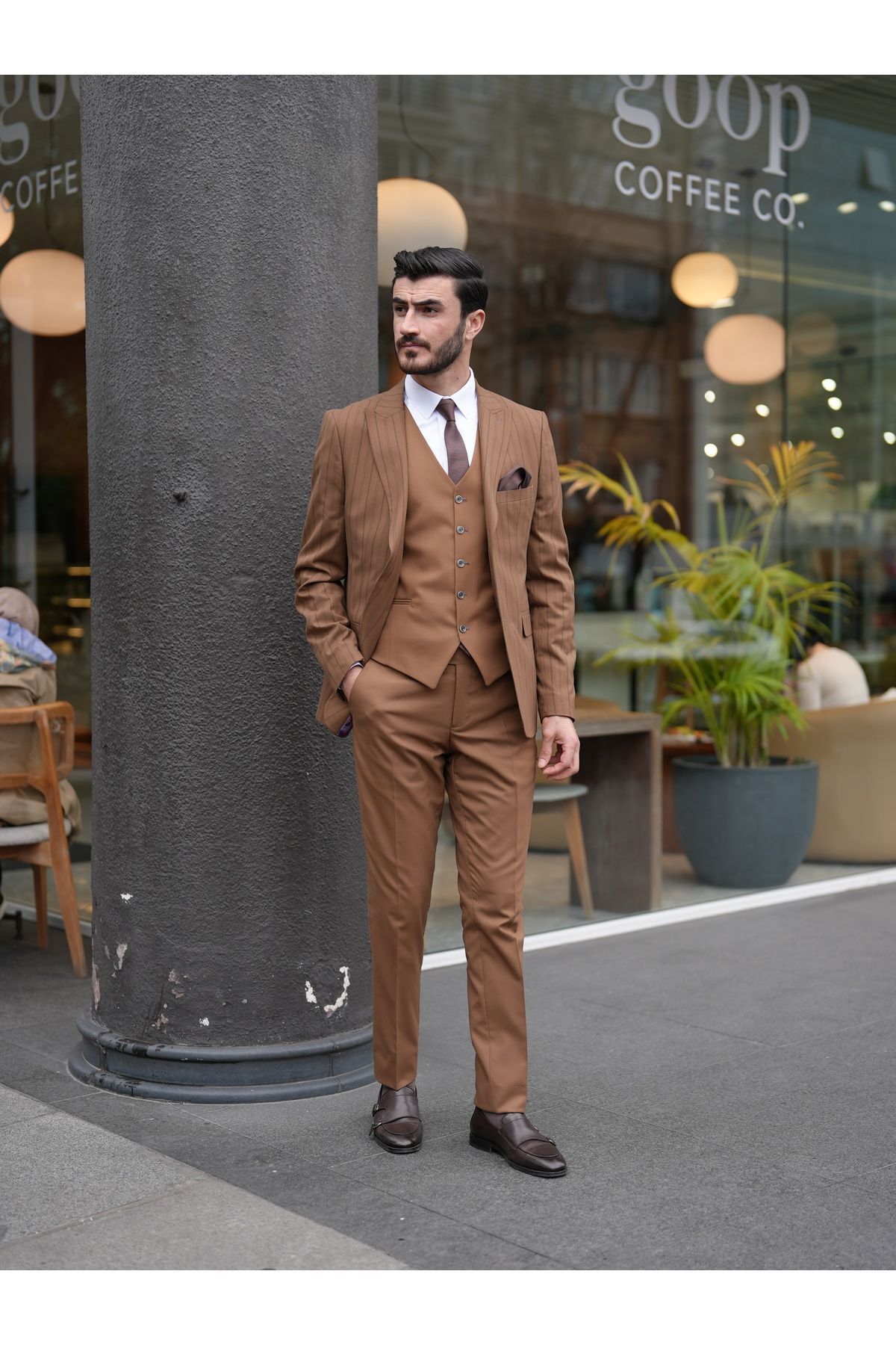 LONATOLİA Erkek Kahve Takım Elbise Slim Fit Italyan Stil Sivri Yaka Ceket Yelek Pantolon - Xprzcom820-05