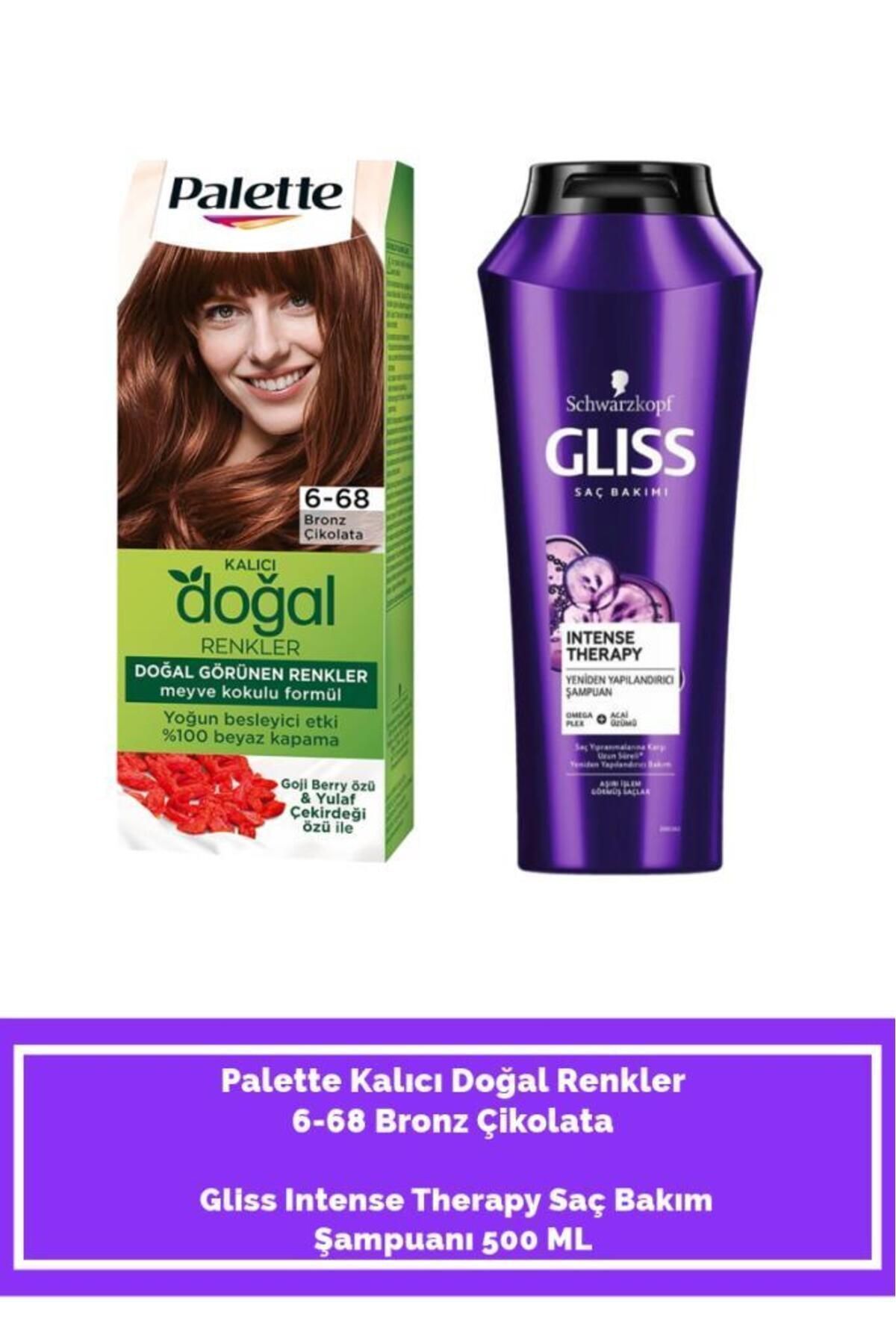 Palette Kalıcı Doğal Renkler 6-68 Bronz Çikolata Gliss Intense Therapy Saç Bakım Şampuanı 500 ml