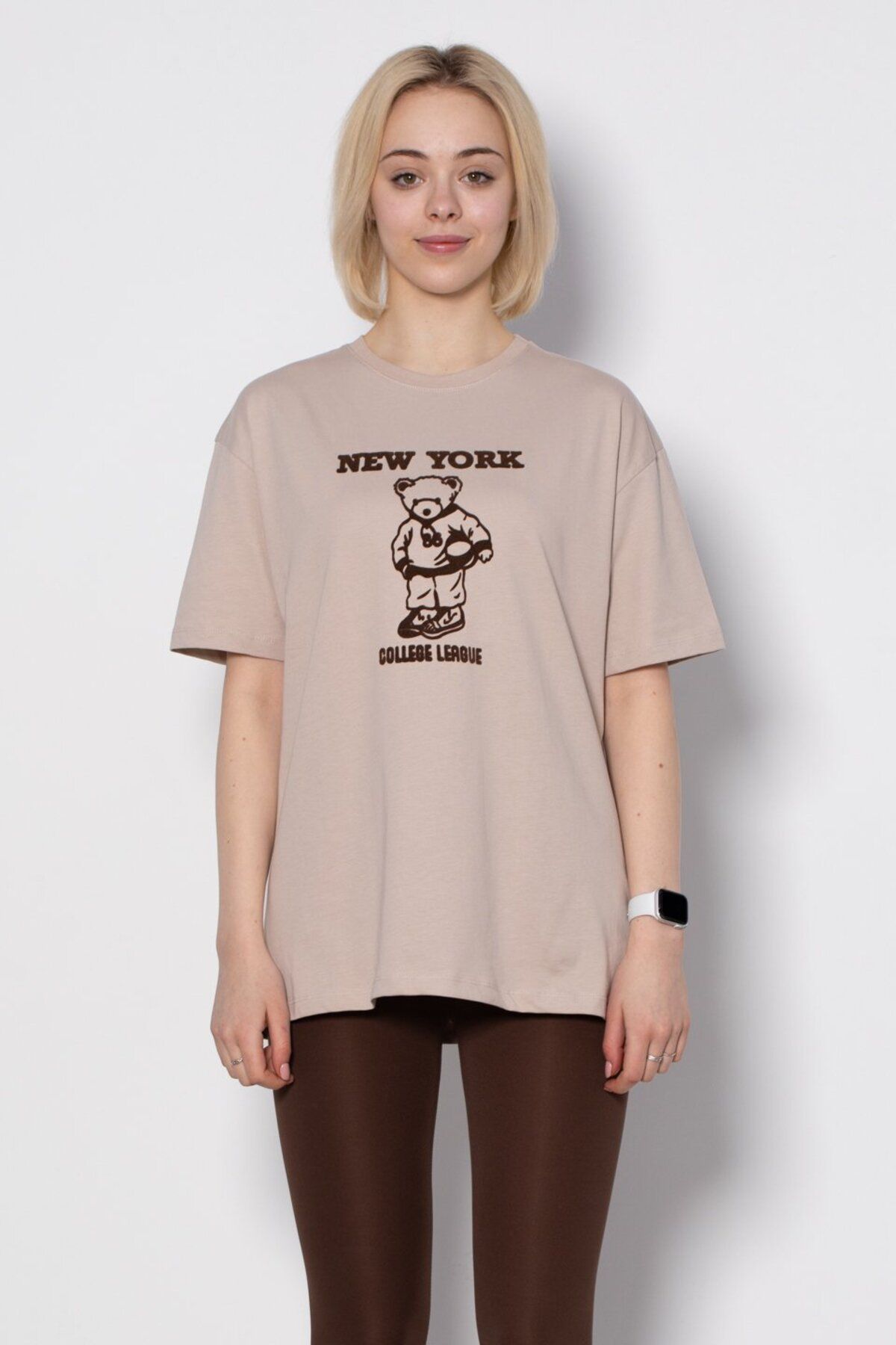BARRELS AND OIL New York Ayı Baskılı T-Shirt - Bej