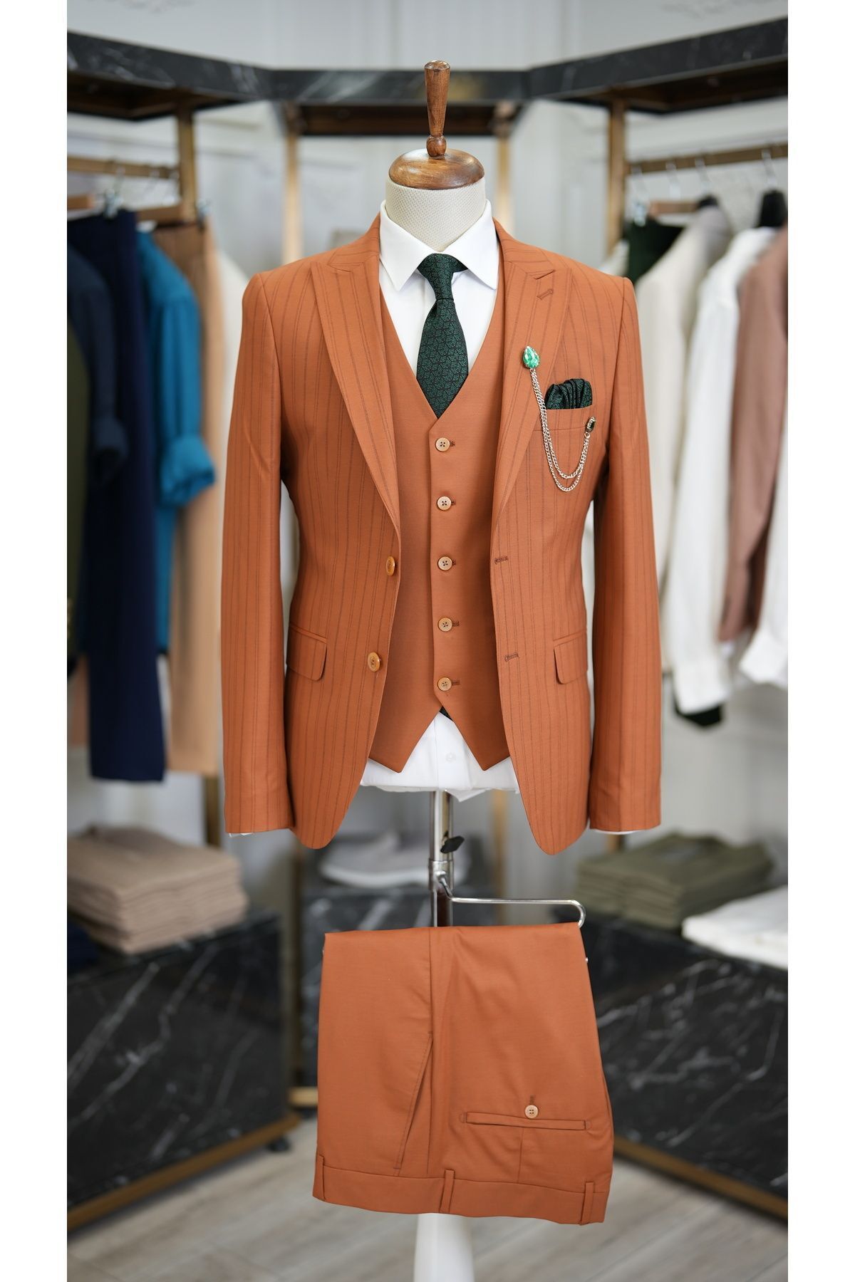 LONATOLİA Erkek Kremit Takım Elbise Italyan Stil Slim Fit Sivri Yaka Ceket Yelek Pantolon-xprzcom820-20