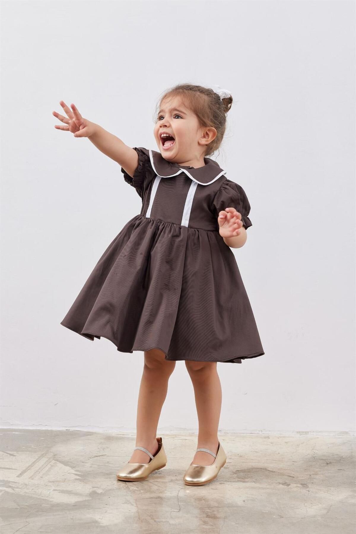 Fahhar Kids Çocuk Balon Kollu Kabarık Elbise Kahverengi