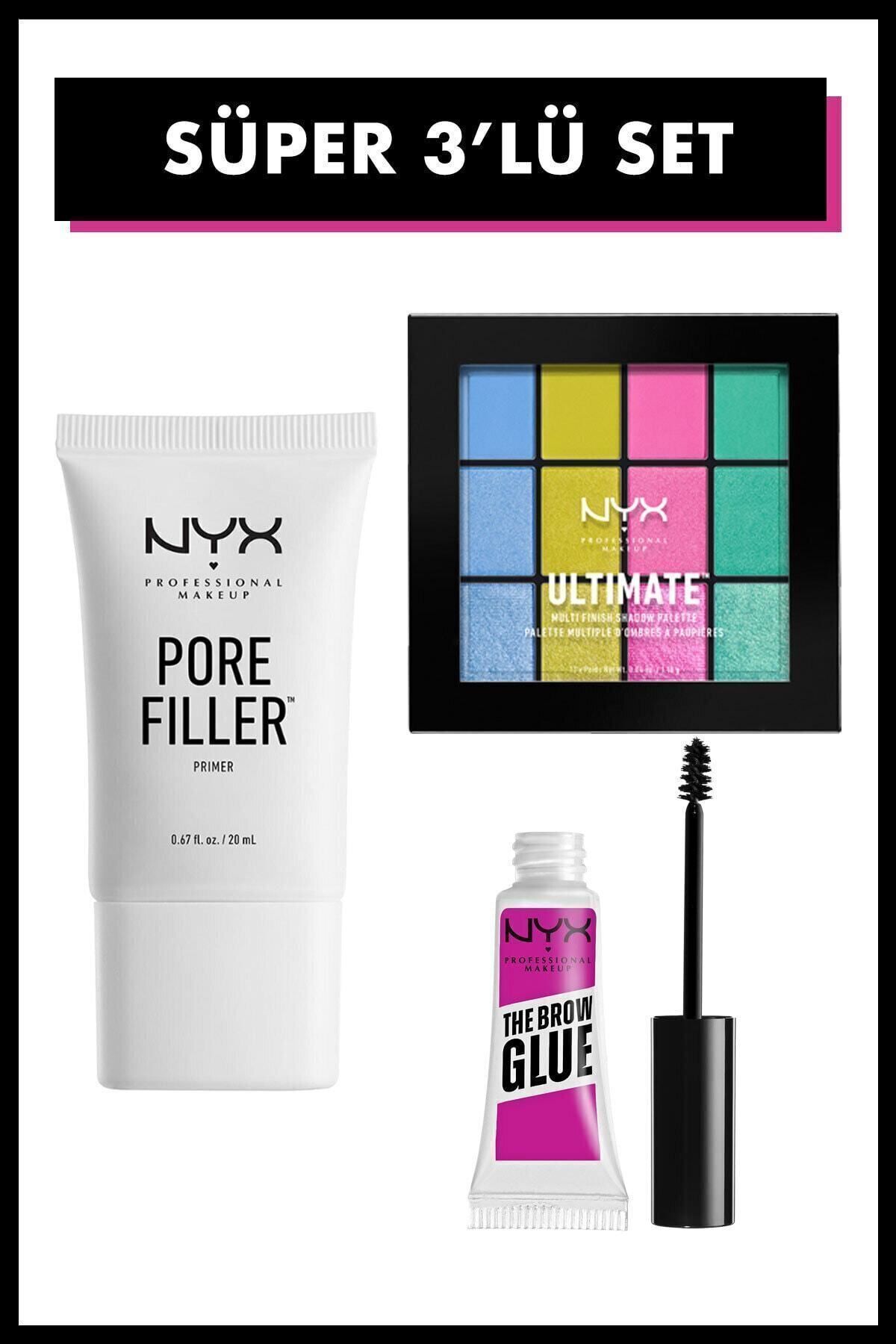 NYX Professional Makeup Pore Filler Makyaj Bazı&brow Glue Kaş Sabitleyici&ultimate Multi Finish Far Paleti -3lü Makyaj Seti