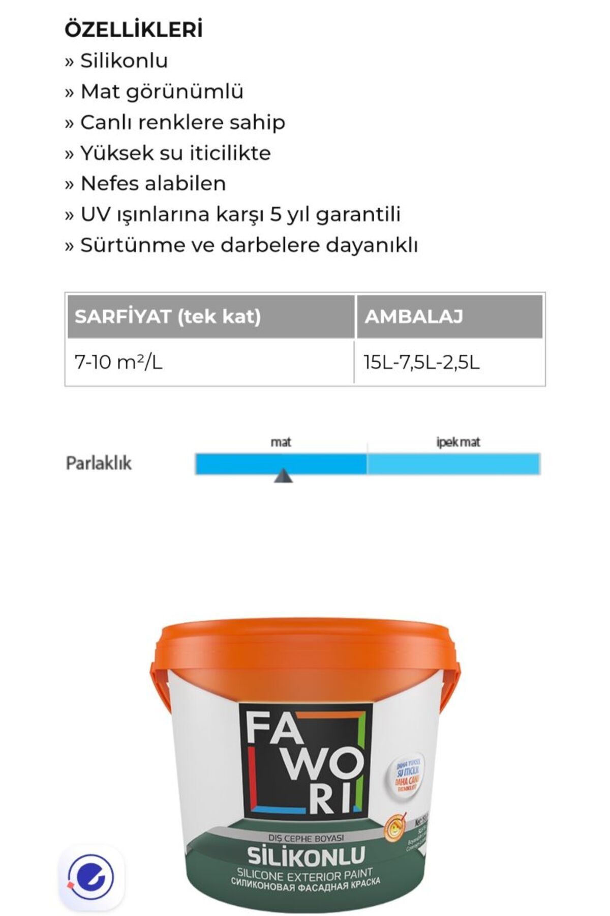 Fawori Silikonlu 15L dış cephe boyası