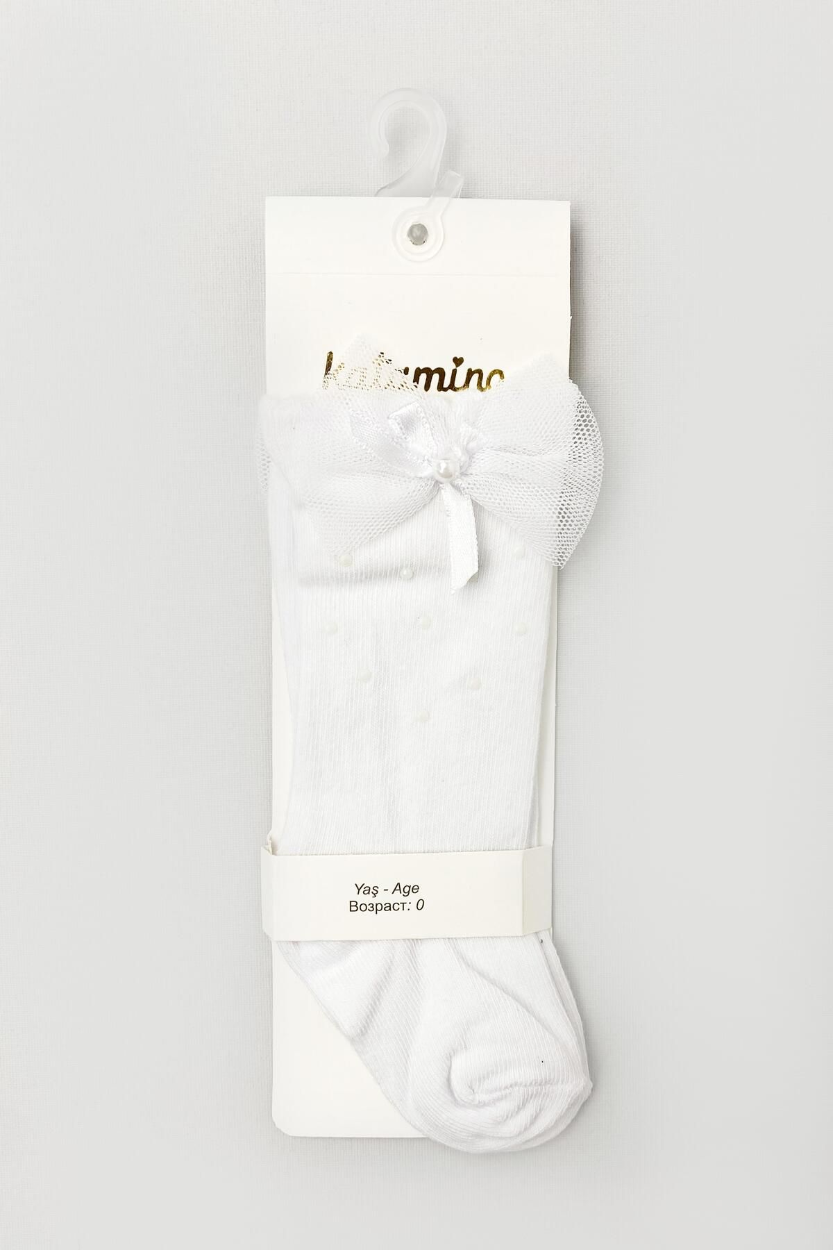 Katamino İncili Tüllü Dizaltı Kız Bebek Çorap Beyaz