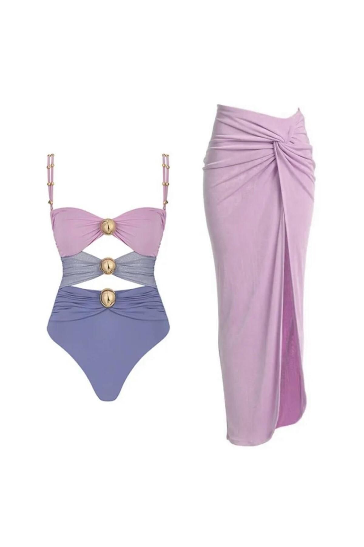 DESİGNEDBYD Yeni Kadın Mayo+pareo Etek Takım 2 Parça Up Set Bodysuit Plaj Moda Beachwear