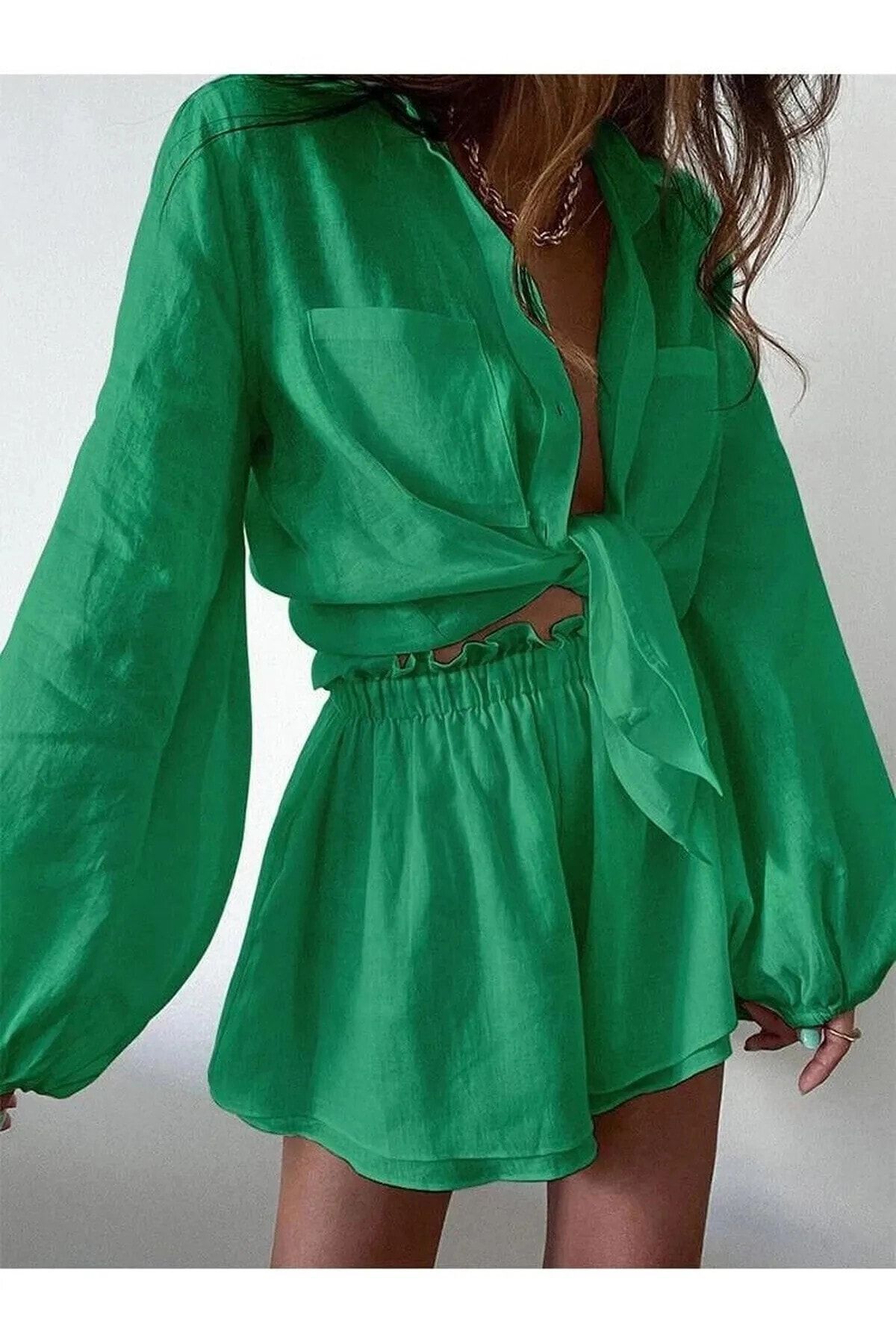 hazelin Kadın Yeşil Keten Şort Gömlek Alt Üst Takım Hzl23s-dsb110121