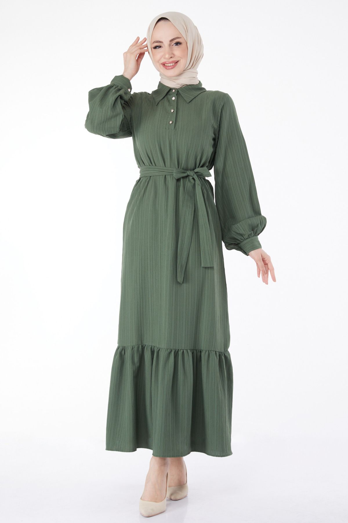 TOFİSA Düz Gömlek Yaka Kadın Haki Kuşaklı Elbise - 24996