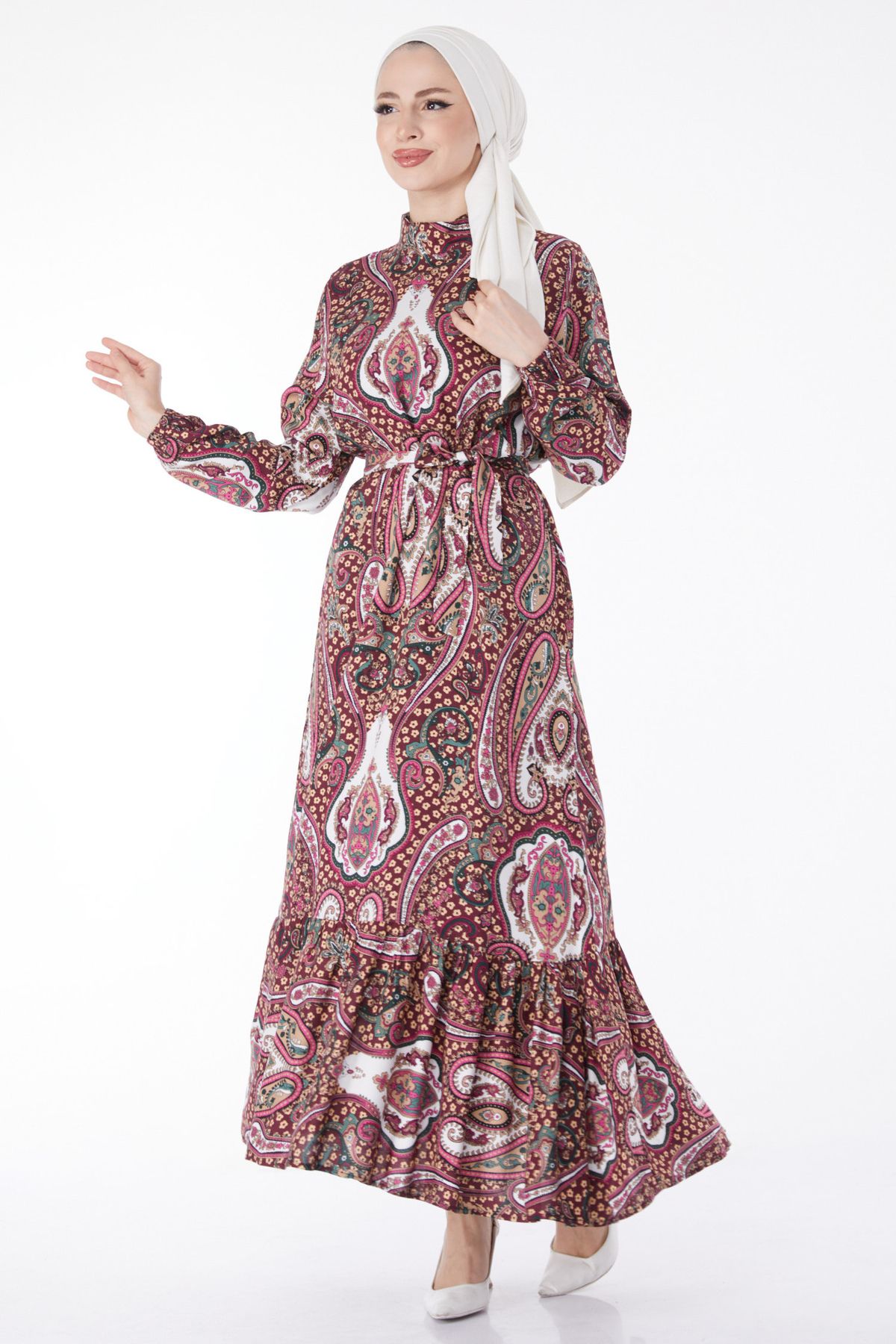 TOFİSA Düz Hakim Yaka Kadın Bordo Kuşaklı Desenli Elbise - 24860