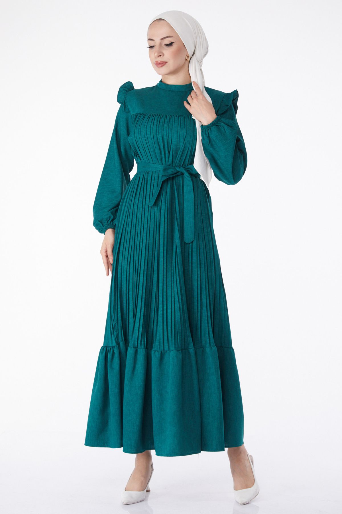 TOFİSA Düz Hakim Yaka Kadın Yeşil Uzun Kol Omuz Fırfırlı Piliseli Elbise - 24430