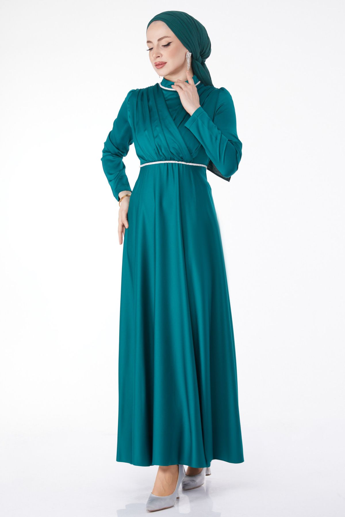 TOFİSA Düz Hakim Yaka Kadın Yeşil Pile Detaylı Abiye Elbise - 24900