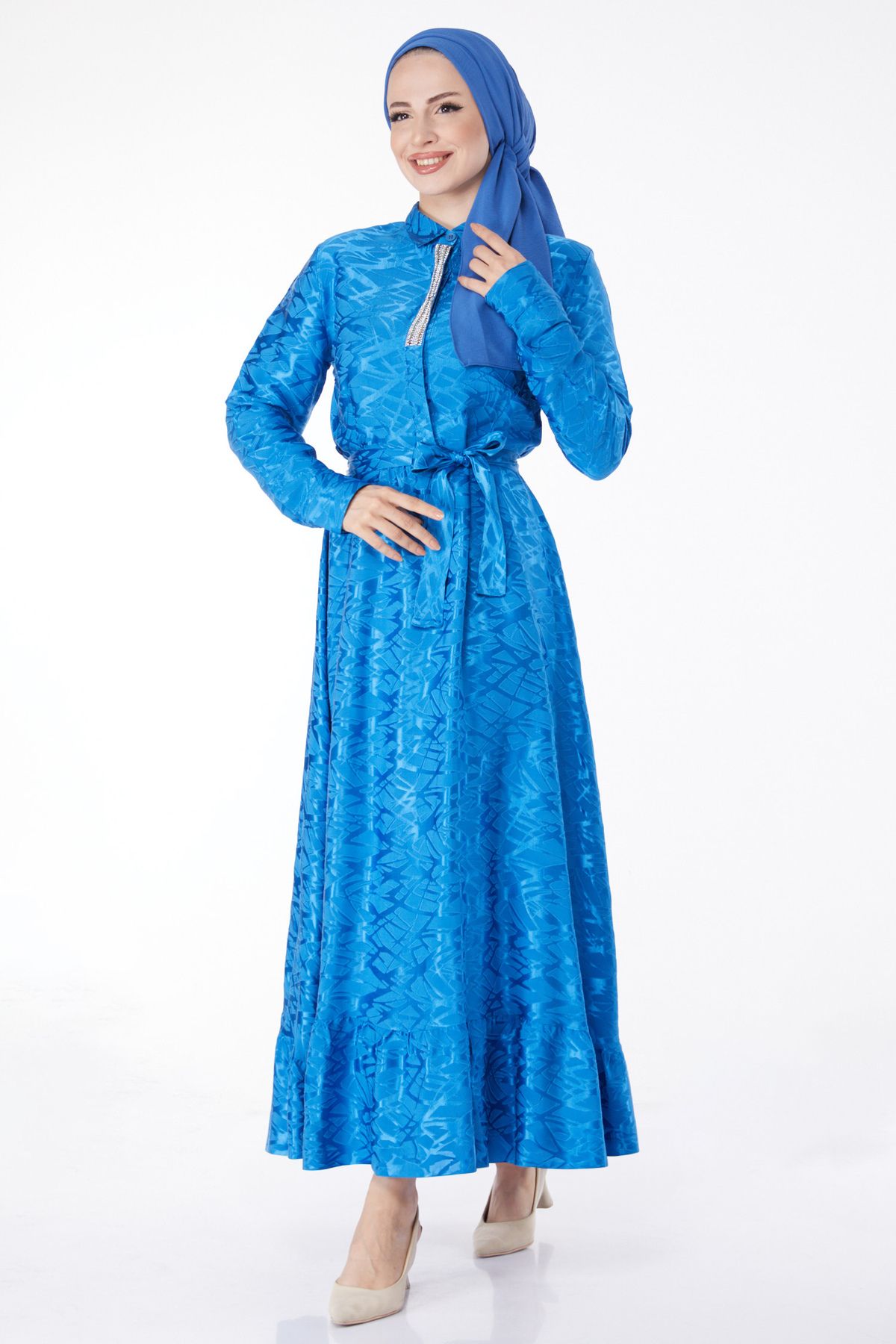 TOFİSA Düz Gömlek Yaka Kadın Mavi Taş Detaylı Abiye Elbise - 25191